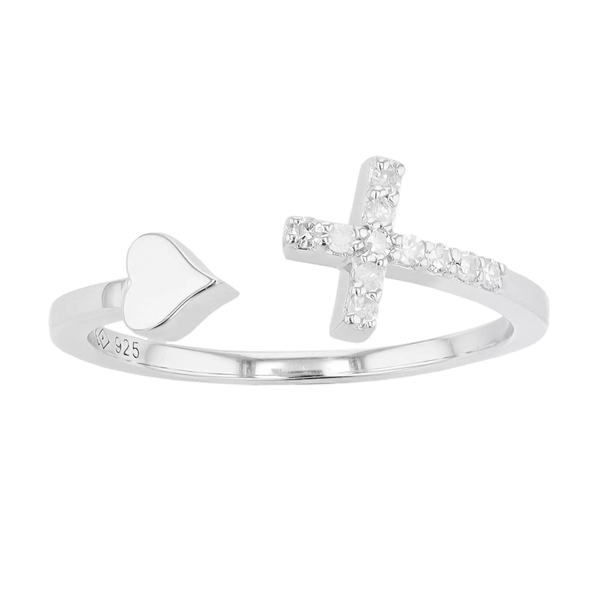 Sterling Silver 1/10 Carat T.W. Diamond Cross & Heart Ring, Women's,  Product Image