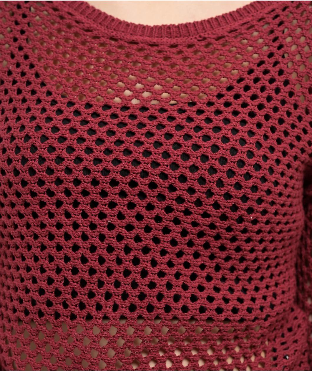Spicychix Burgundy Open Knit Long Sleeve Crop Sweater Product Image