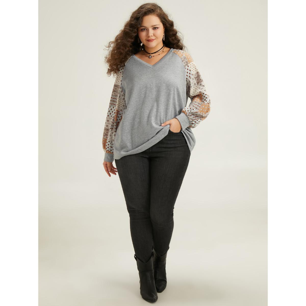 Plus Size Halloween Bandana Print Patchwork Contrast Sweatshirt Women Gray Casual Elastic cuffs V-neck Festival-Halloween Sweatshirts BloomChic 18-20/2X Product Image