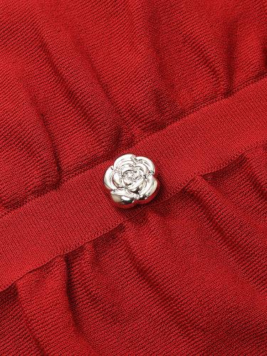 Tencel-Silk Blend Ruched Women Knit Top With Rose Shaped Button Product Image