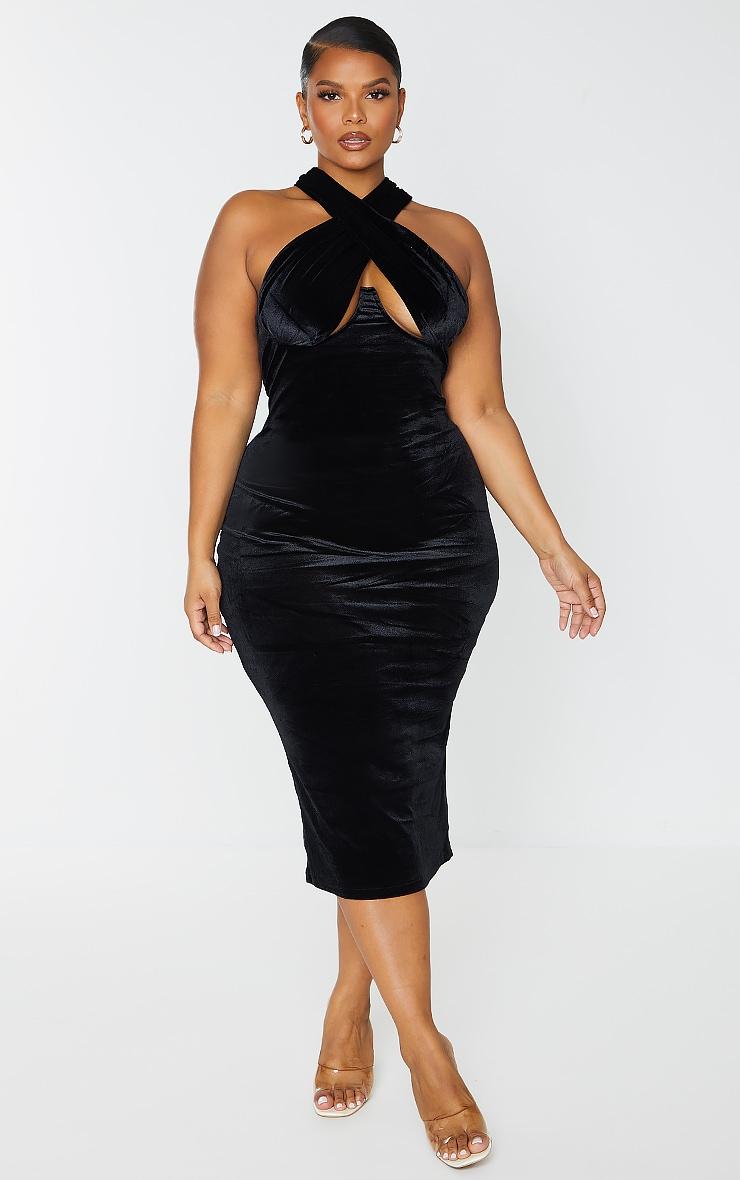 Plus Black Velvet Underwired Cross Front Midi Dress Product Image
