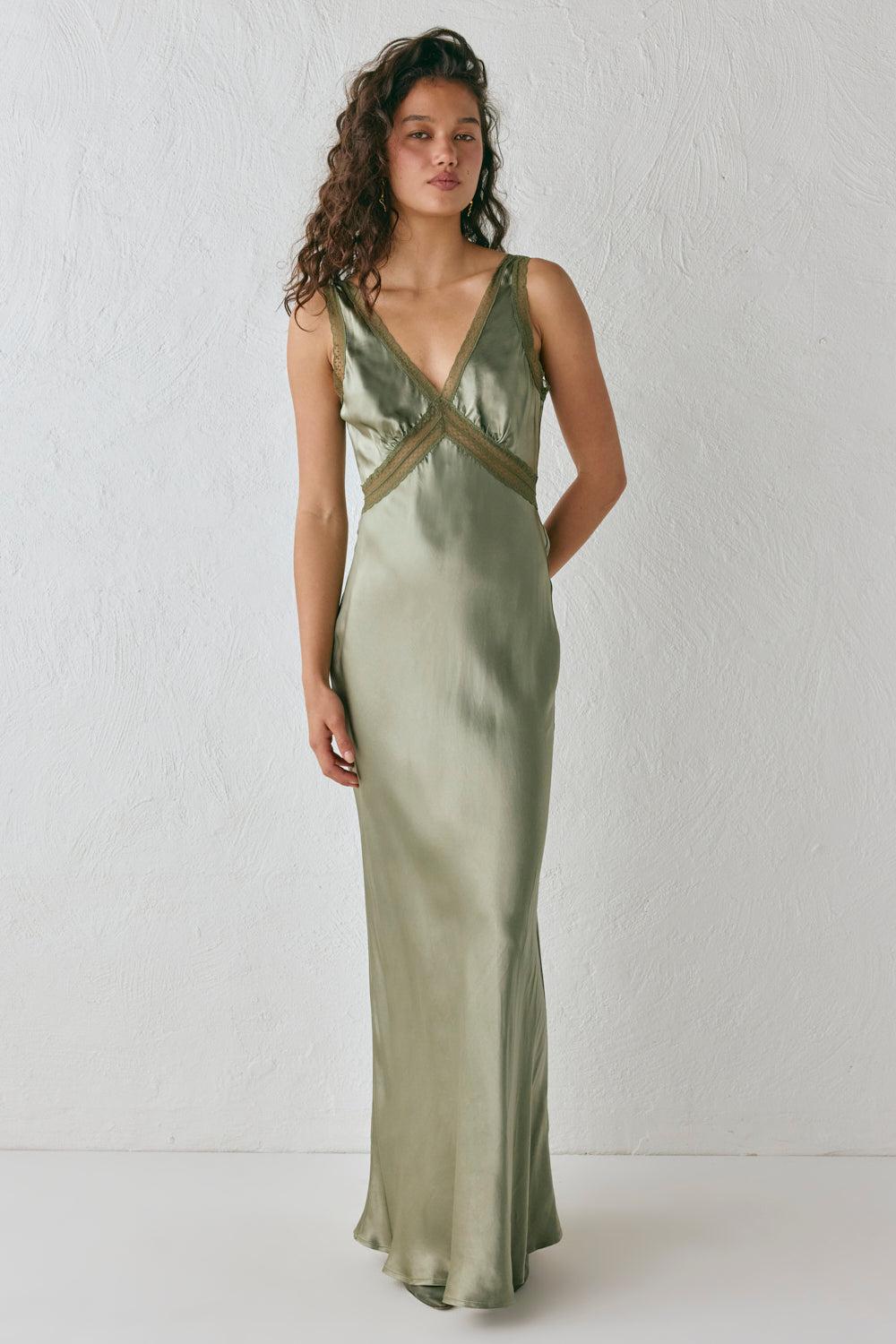Meet Me On The Dance Floor Bias Cut Maxi Dress Olive Product Image