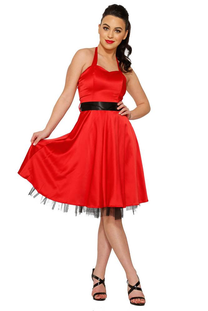 Red Satin Halter Swing Dress Product Image