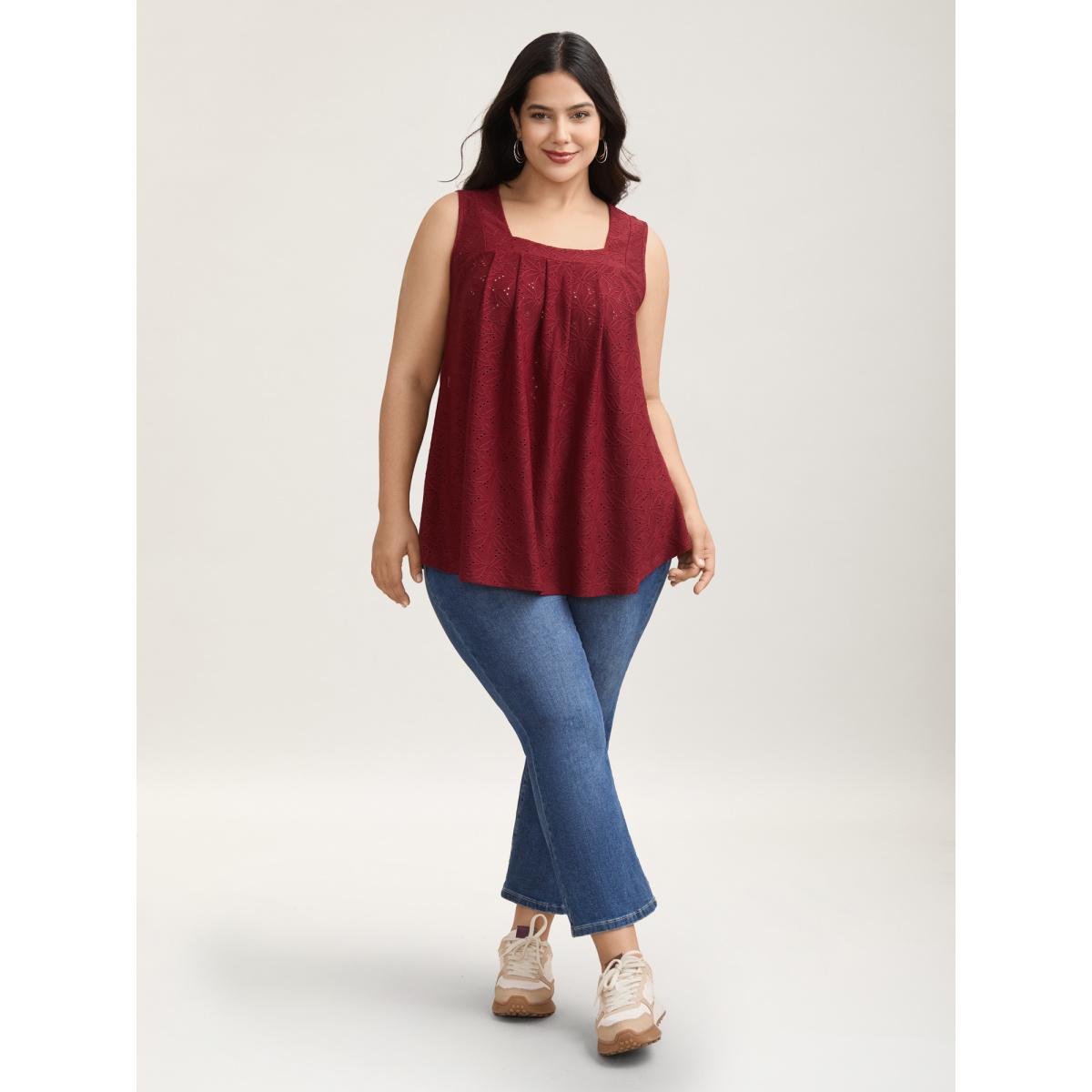 Plus Size Textured Stretchy Square Neck Pleated Vest Women Burgundy Casual Texture Square Neck Everyday Tank Tops Camis BloomChic 18-20/2X Product Image