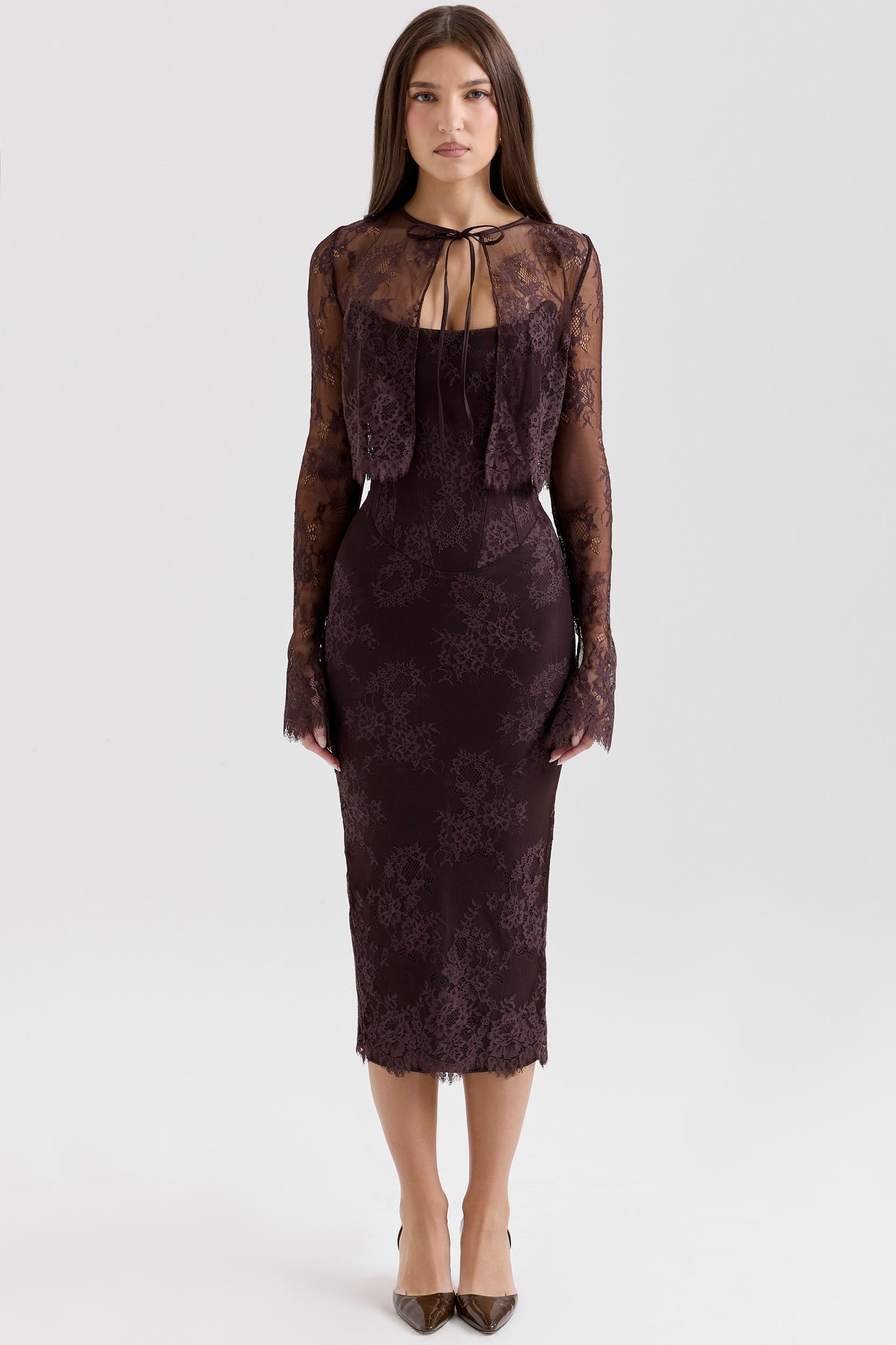 Larra  bitter chocolate lace corset midi dress & bolero Product Image