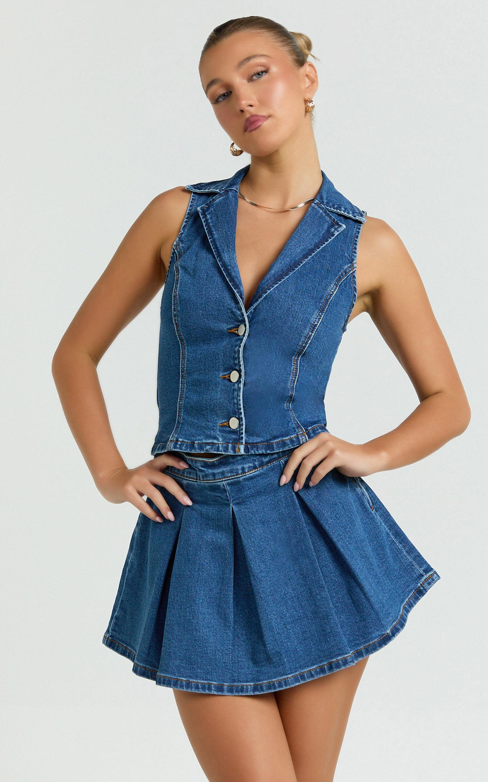 Nikita Top - Button Down Denim Vest Top in Dark Blue Wash Product Image