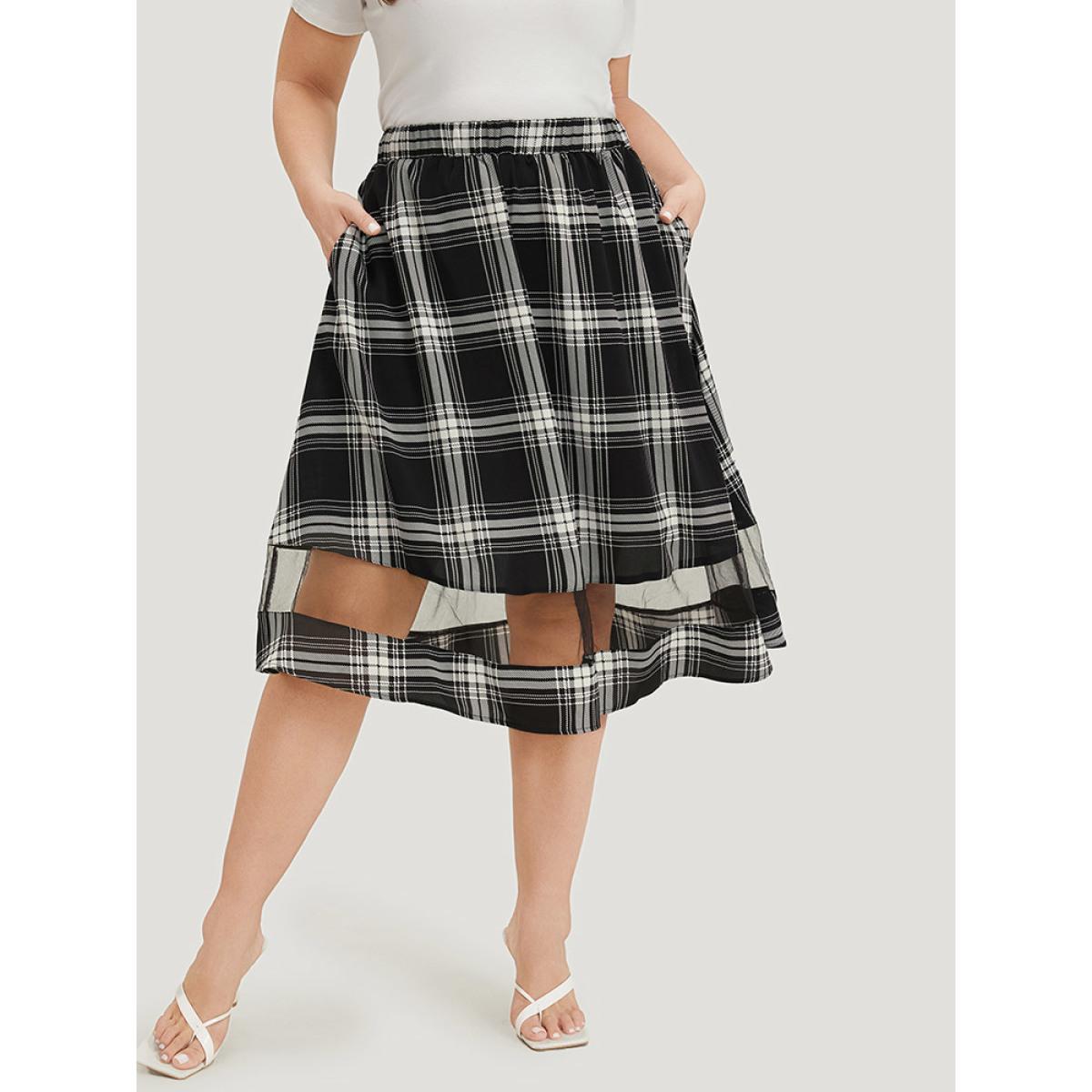 Plus Size Tartan Pocket Mesh Patchwork Elastic Waist Skirt Women Black Office See through No stretch Pocket Work Skirts BloomChic 10/M Product Image