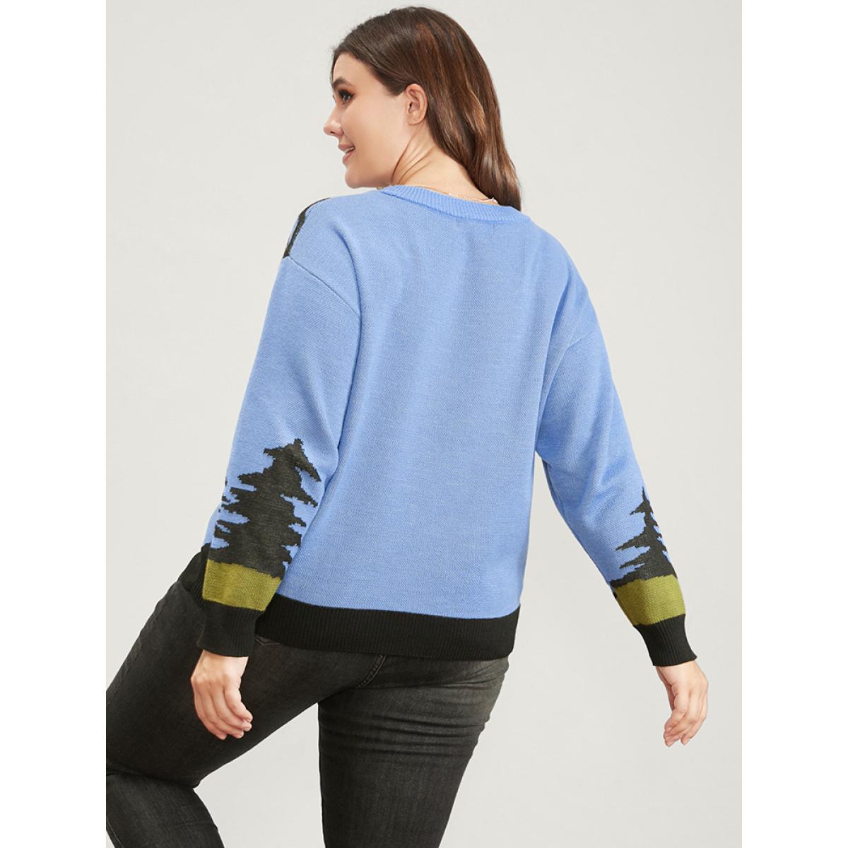 Plus Size Halloween Contrast Pointelle Knit Jacquard Knit Top LightBlue Women Casual Long Sleeve Round Neck Dailywear Pullovers BloomChic 18-20/2X Product Image