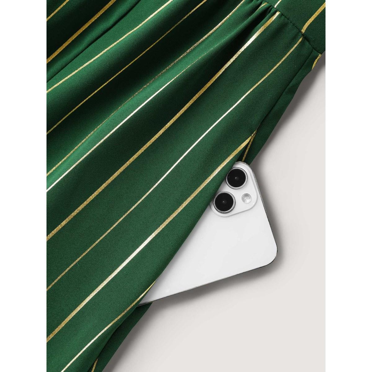 Plus Size Gold Shimmery Stripes Pockets Midi Dress DarkGreen Women Party&Cocktail V-neck Short sleeve Curvy BloomChic 12/L Product Image