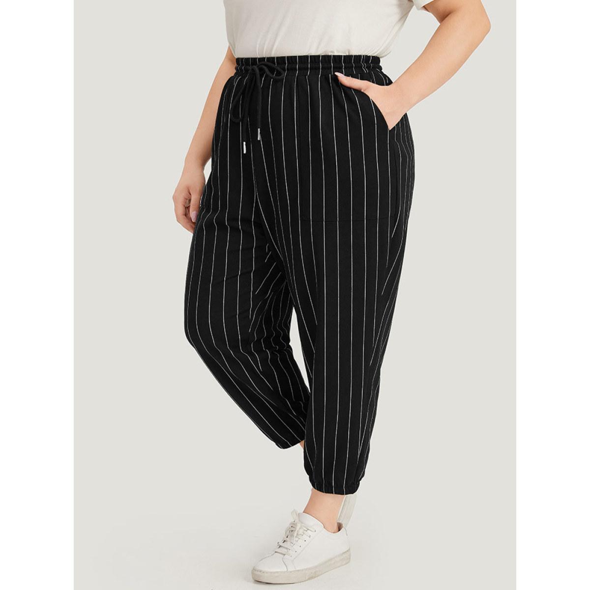 Plus Size Striped Elastic Waist Pocket Drawstring Sweatpants Women Black Casual High Rise Dailywear Pants BloomChic 28/5X Product Image