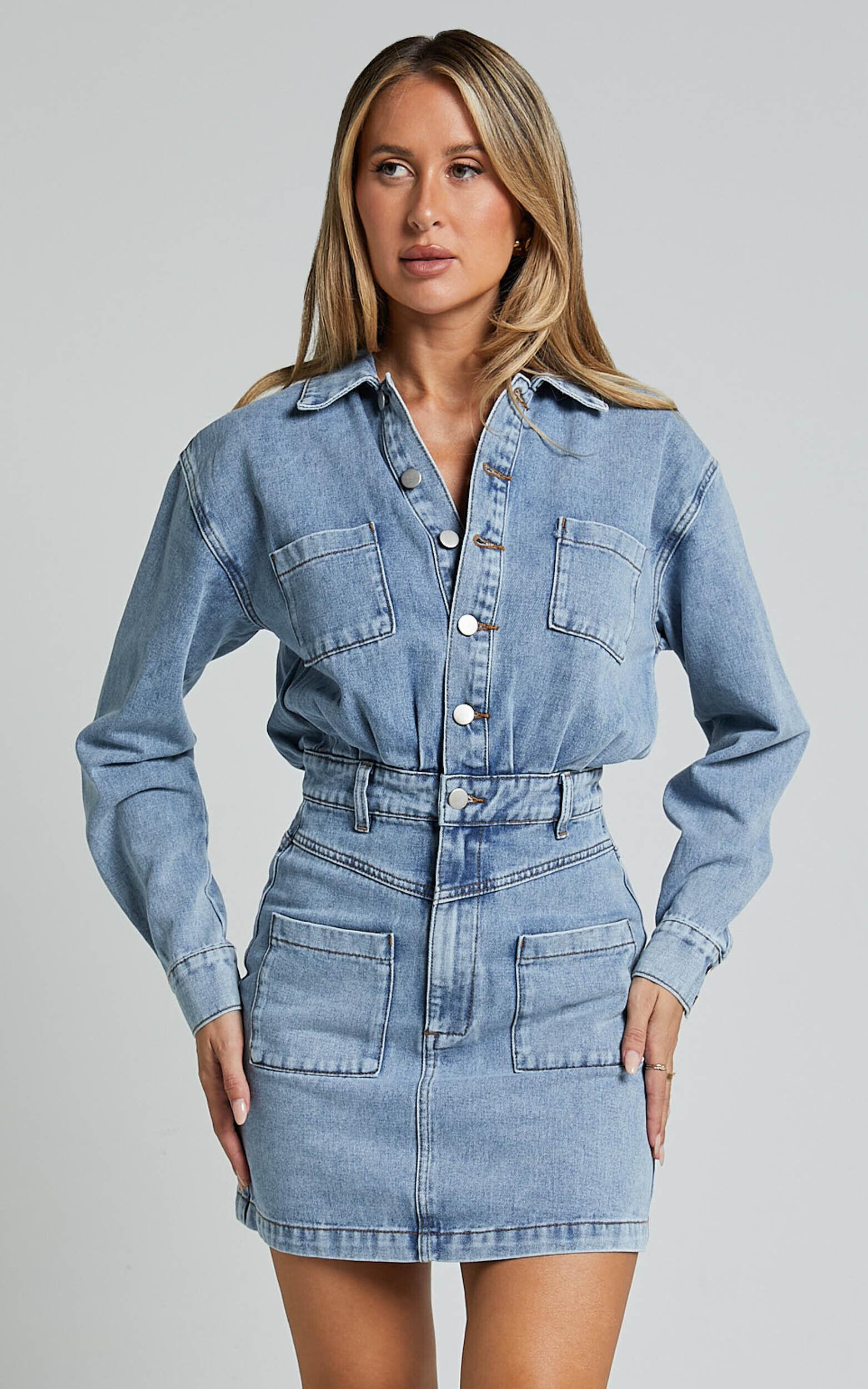 Kamala Mini Dress - Long Sleeve Button Through Denim Dress in Light Blue Wash Product Image