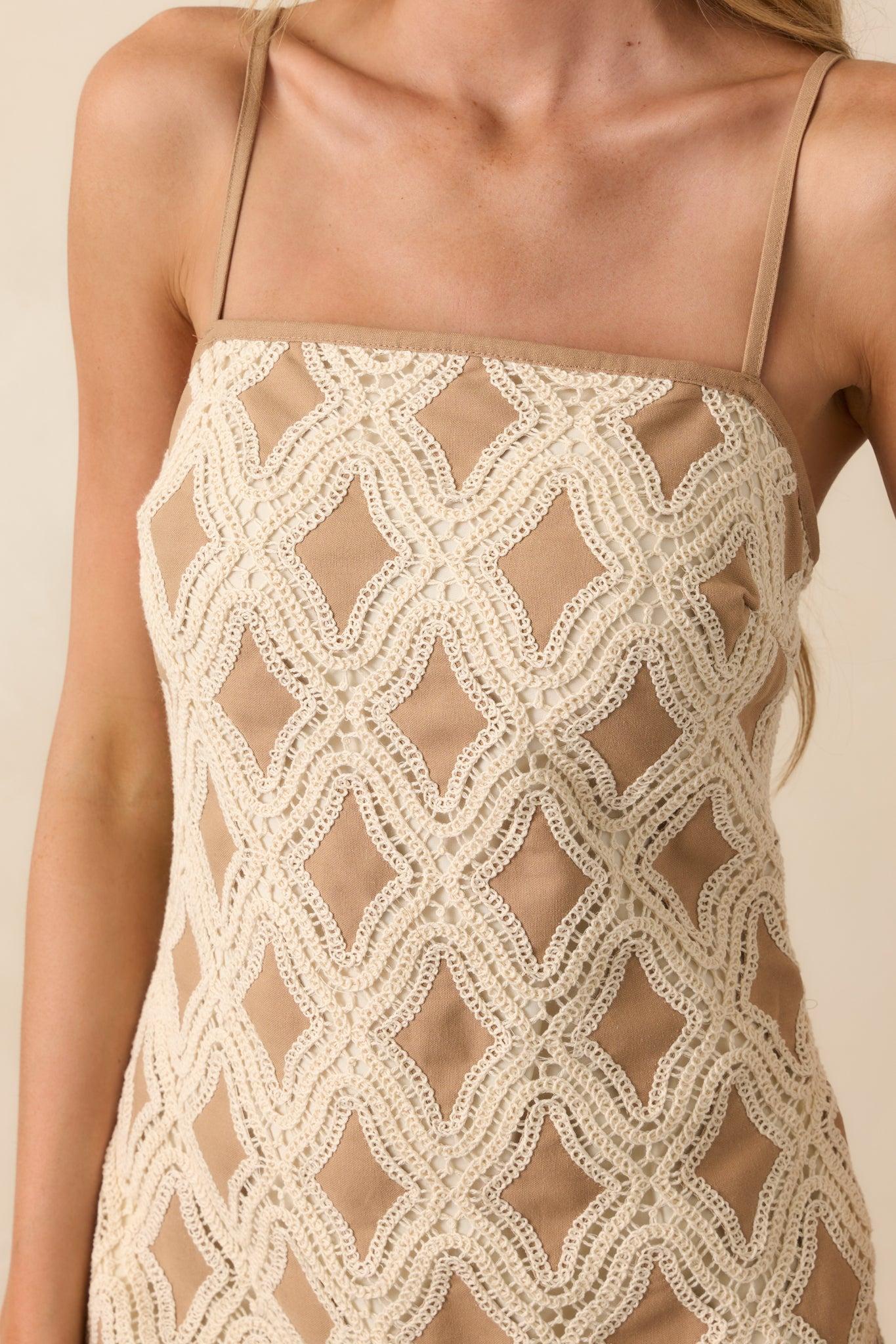 Had The Best Time Tan Geometric Lace Linen Blend Mini Dress Product Image