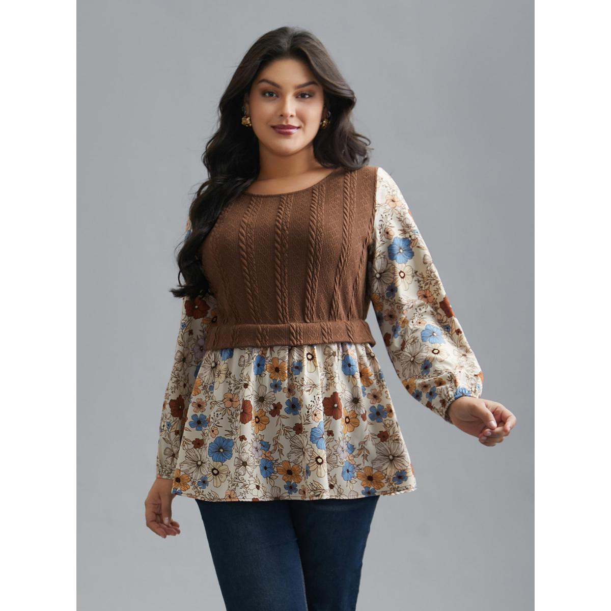 Plus Size Multicolor Mixed Texture Floral Combined Blouse Women Elegant Long Sleeve Round Neck Everyday Blouses BloomChic 18-20/2X Product Image