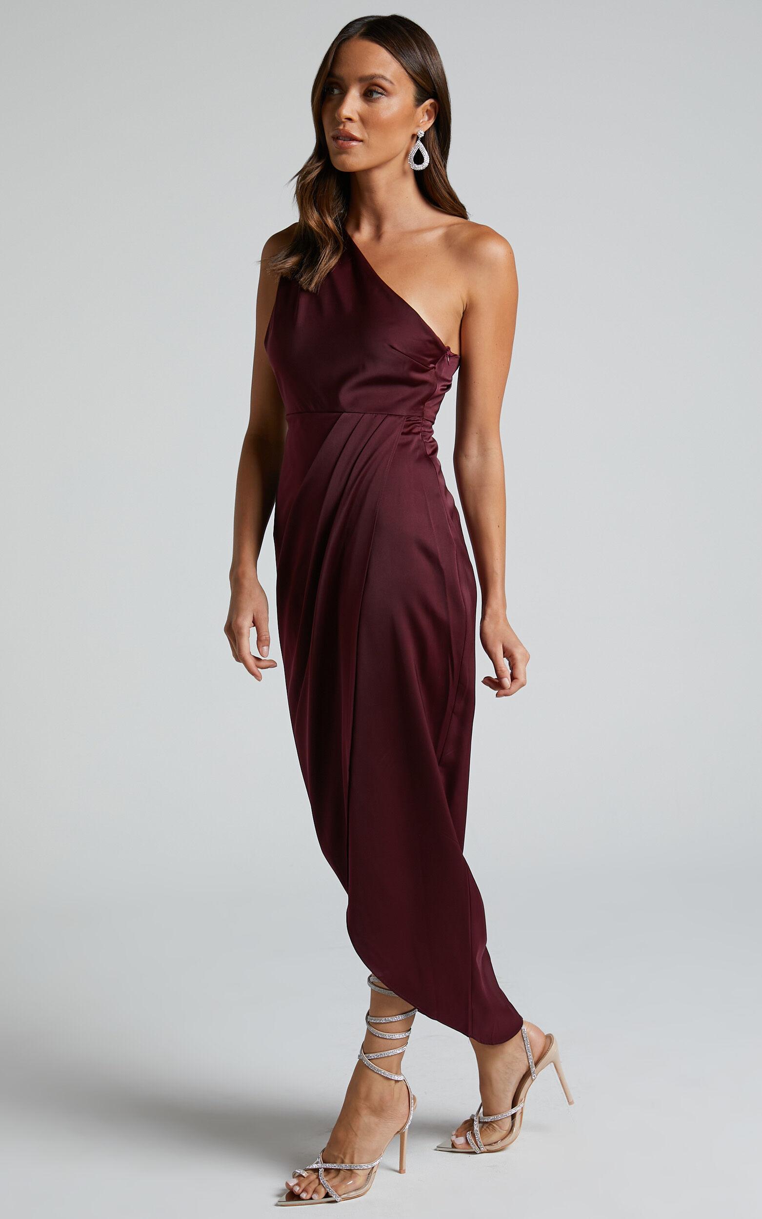 Felt So Happy Midi Dress - One Shoulder Drape Dress in Wine Product Image