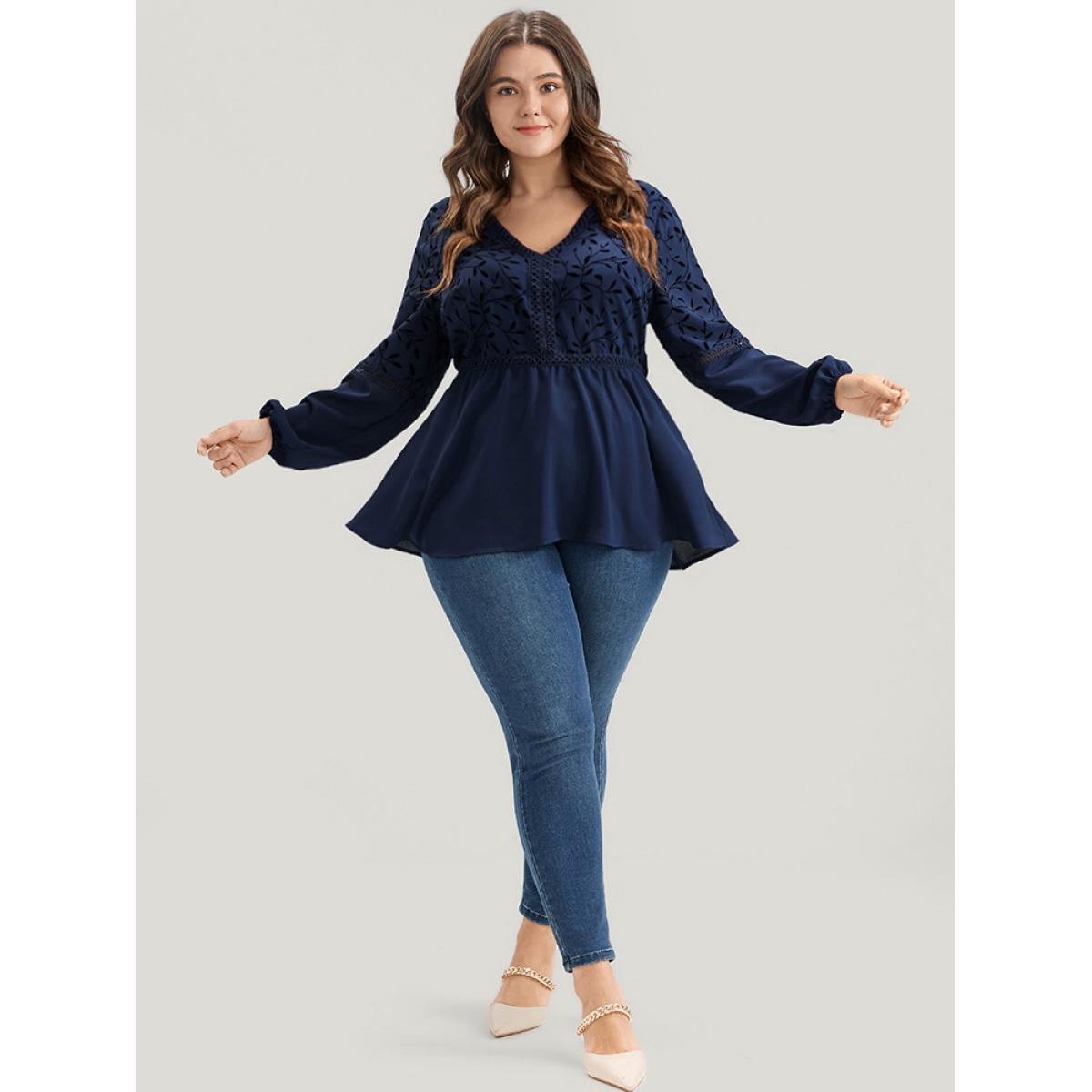 Plus Size DarkBlue Plants Lantern Sleeve Lace Insert Blouse Women Glamour Long Sleeve V-neck Going out Blouses BloomChic 10/M Product Image