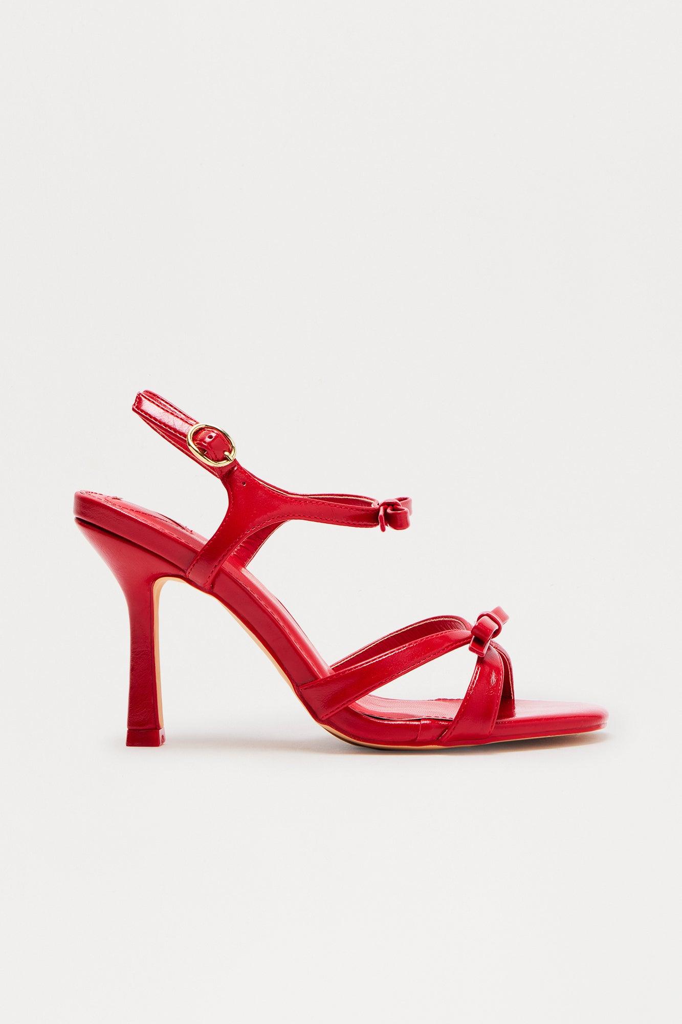 Breigh Bow Faux Leather Ankle Strap Heels - Red Product Image