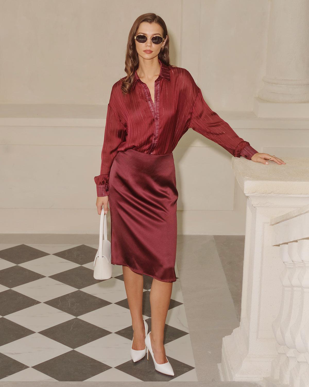 Wine Red Natural Waisted Mermaid Midi Skirt Product Image