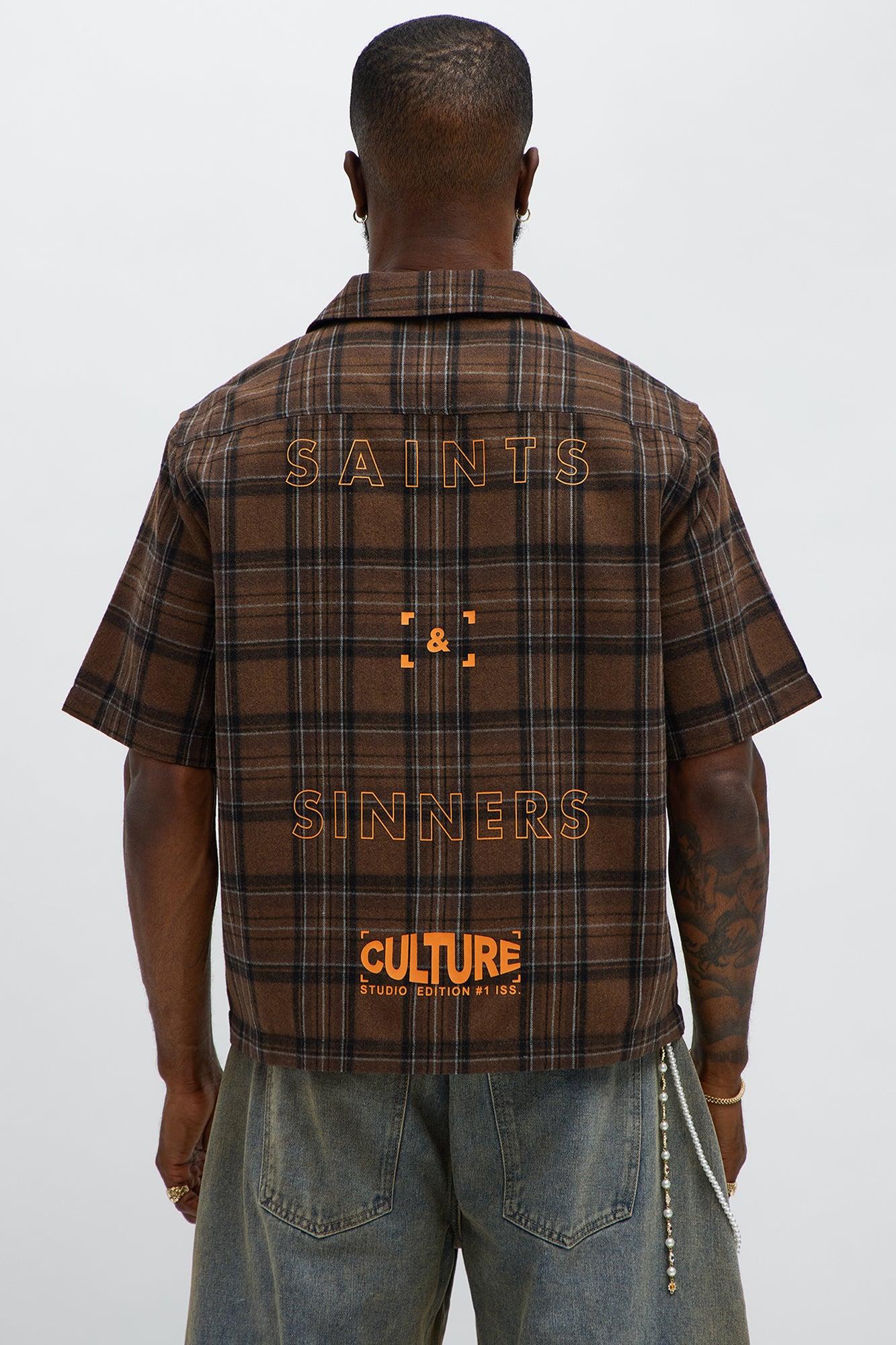 Culture Plaid Cropped Button Up Shirt - Brown Product Image