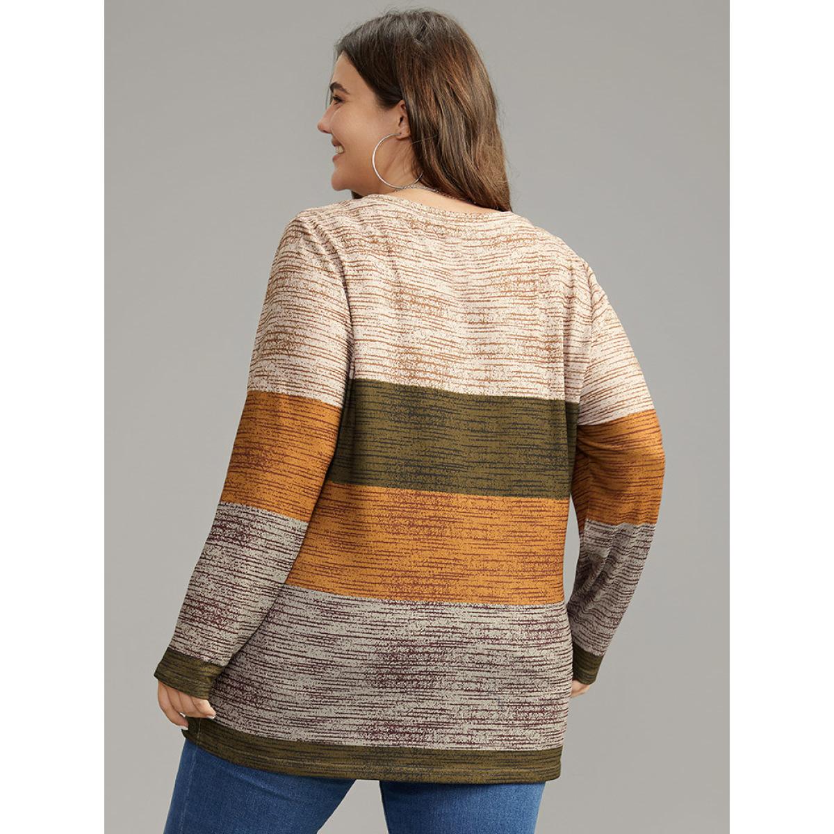 Plus Size Striped Colorblock Contrast V Neck T-shirt Multicolor Women Casual Contrast Colorblock V-neck Everyday T-shirts BloomChic 26/4X Product Image