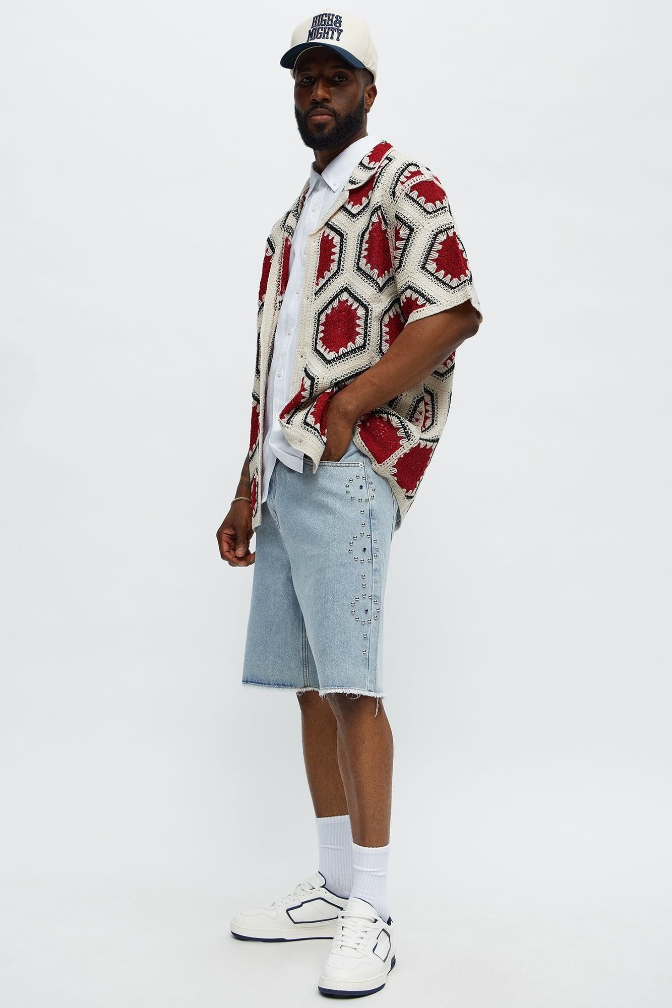 Relaxed Come In Clutch Studded Denim Shorts - Light Blue Wash Product Image