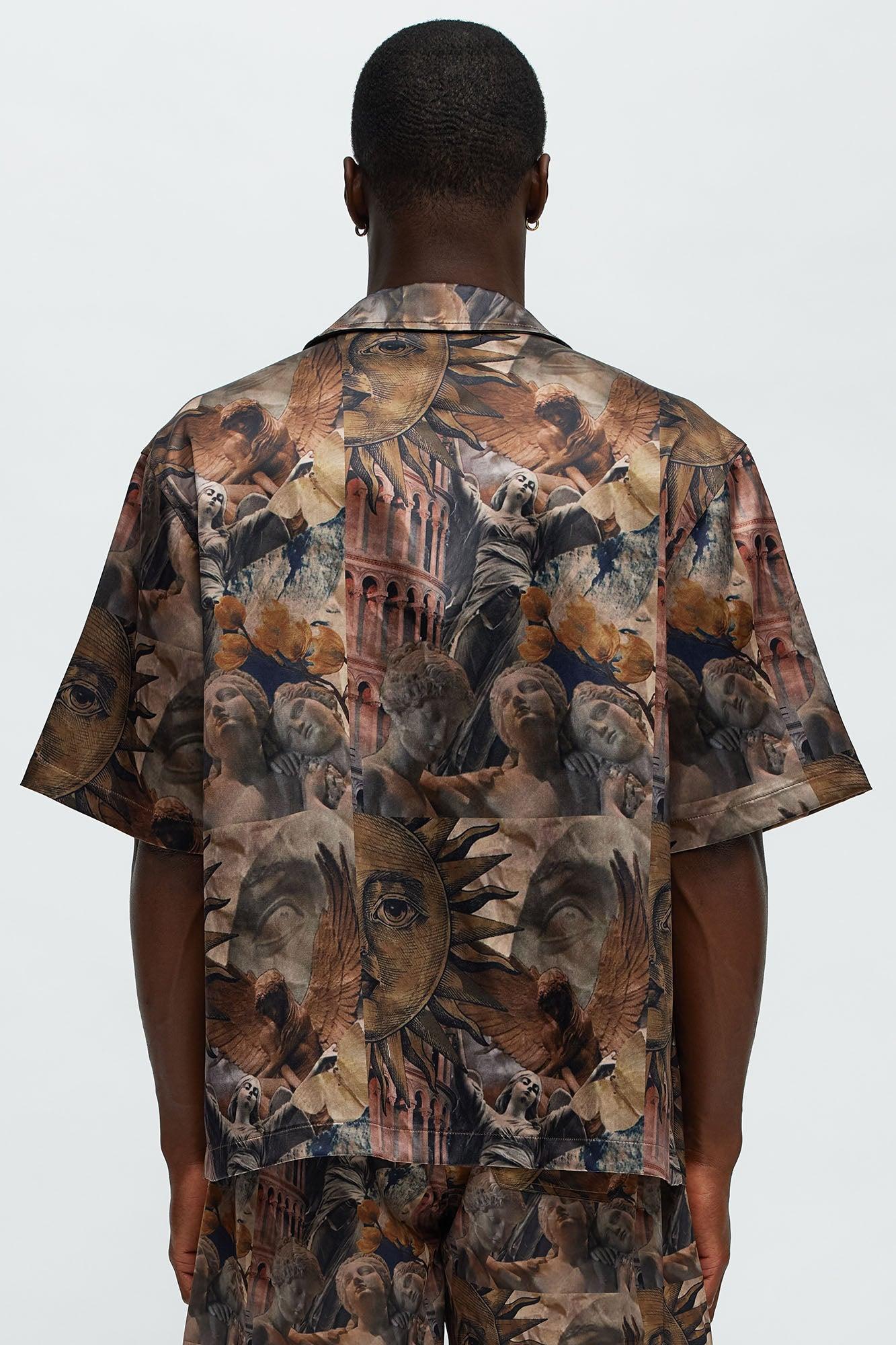 Celestial Glory Cuban Collar Short Sleeve Shirt - Brown Combo Male Product Image