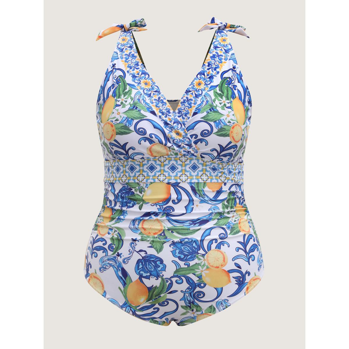 Plus Size Two-Piece Citrus Print Sarong Swimsuit Women's Swimwear Lemonyellow Resort Tie knot Curve Bathing Suits High stretch One Pieces BloomChic 22-24/3X Product Image