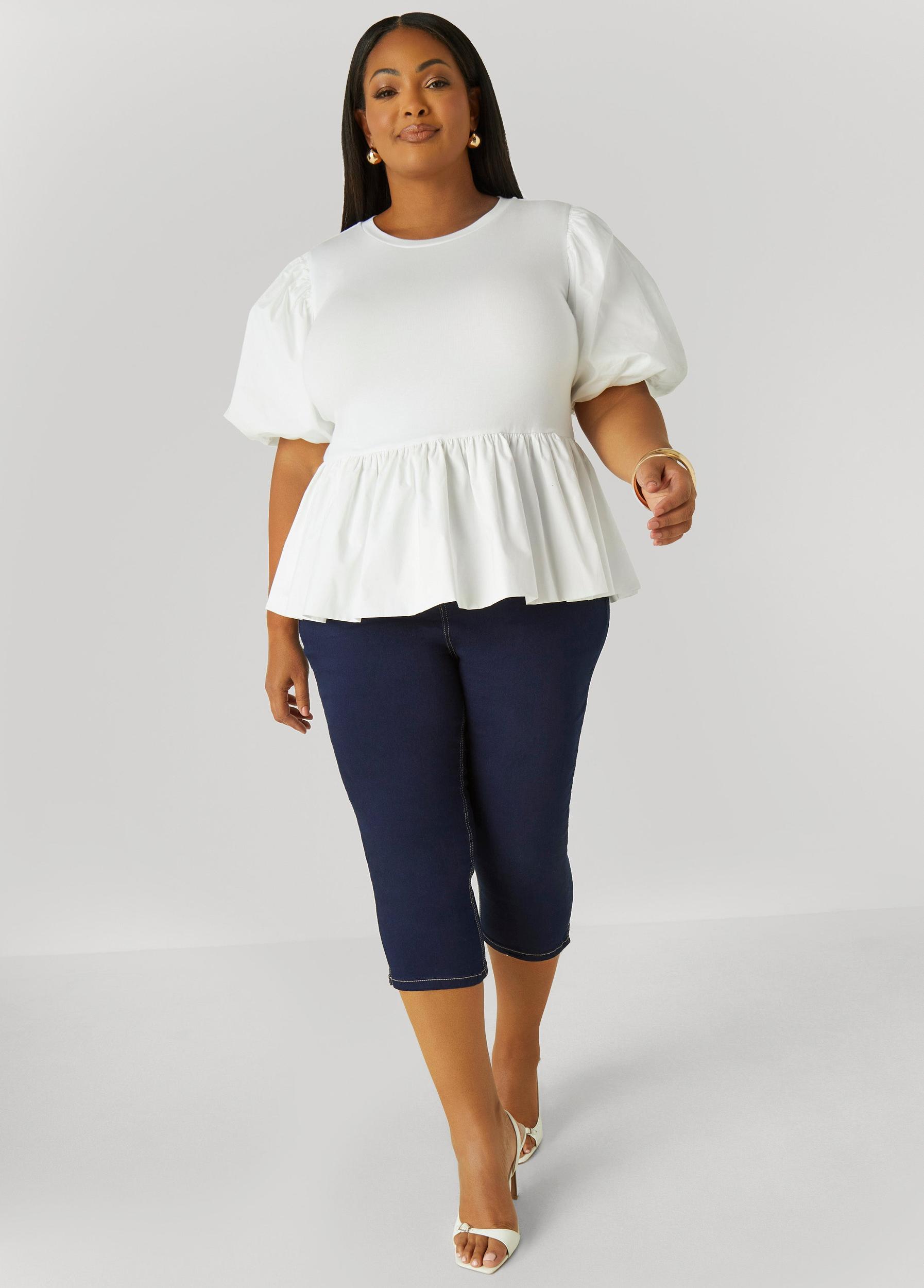 Plus Size Puff Sleeved Peplum Tee Ashley Stewart Product Image