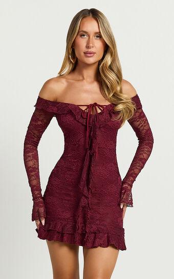 Theresa Mini Dress - Off Shoulder Tie Front Dress in Wine Product Image