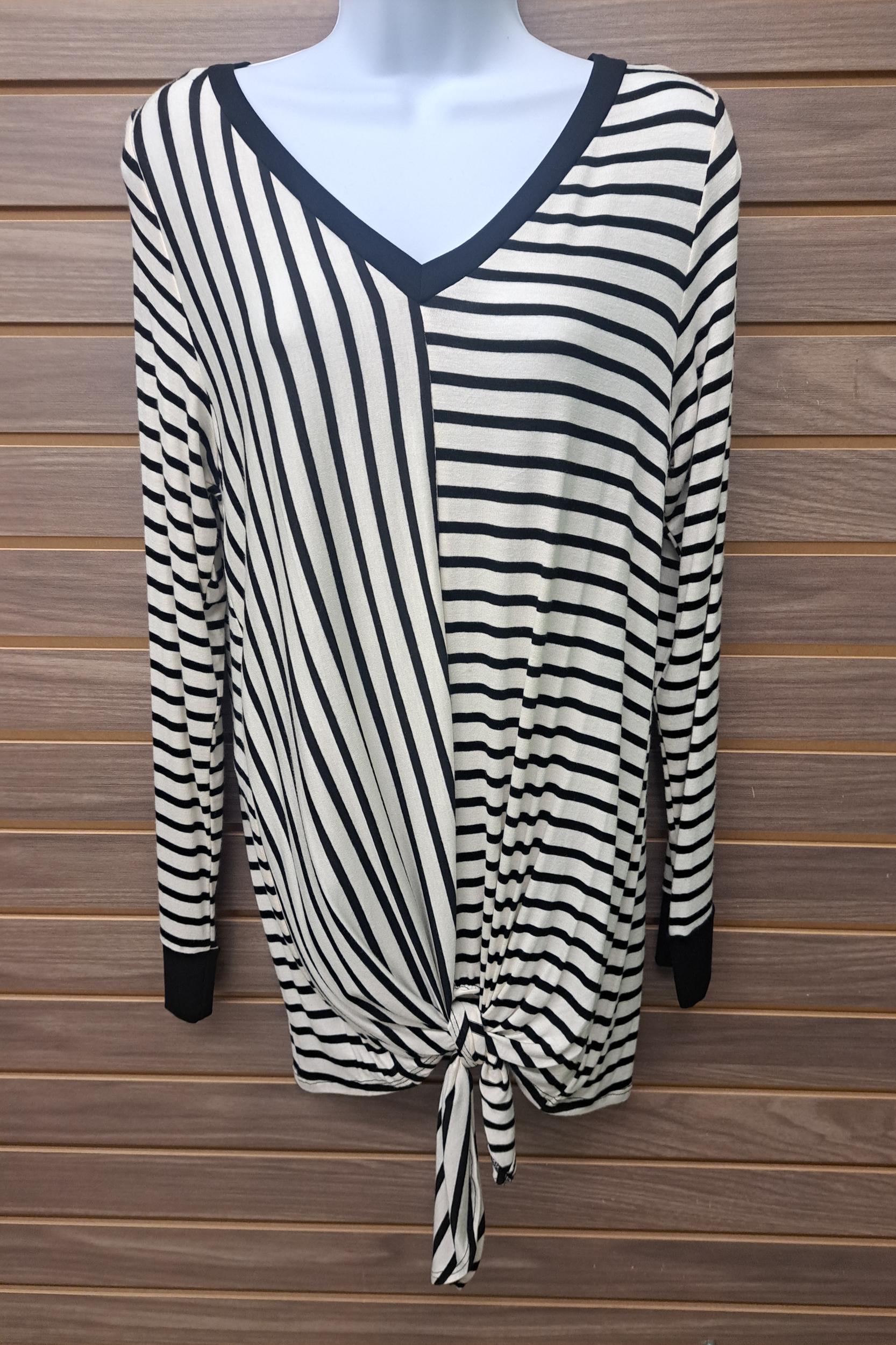 Ivory black stripes long sleeved V neck top Product Image