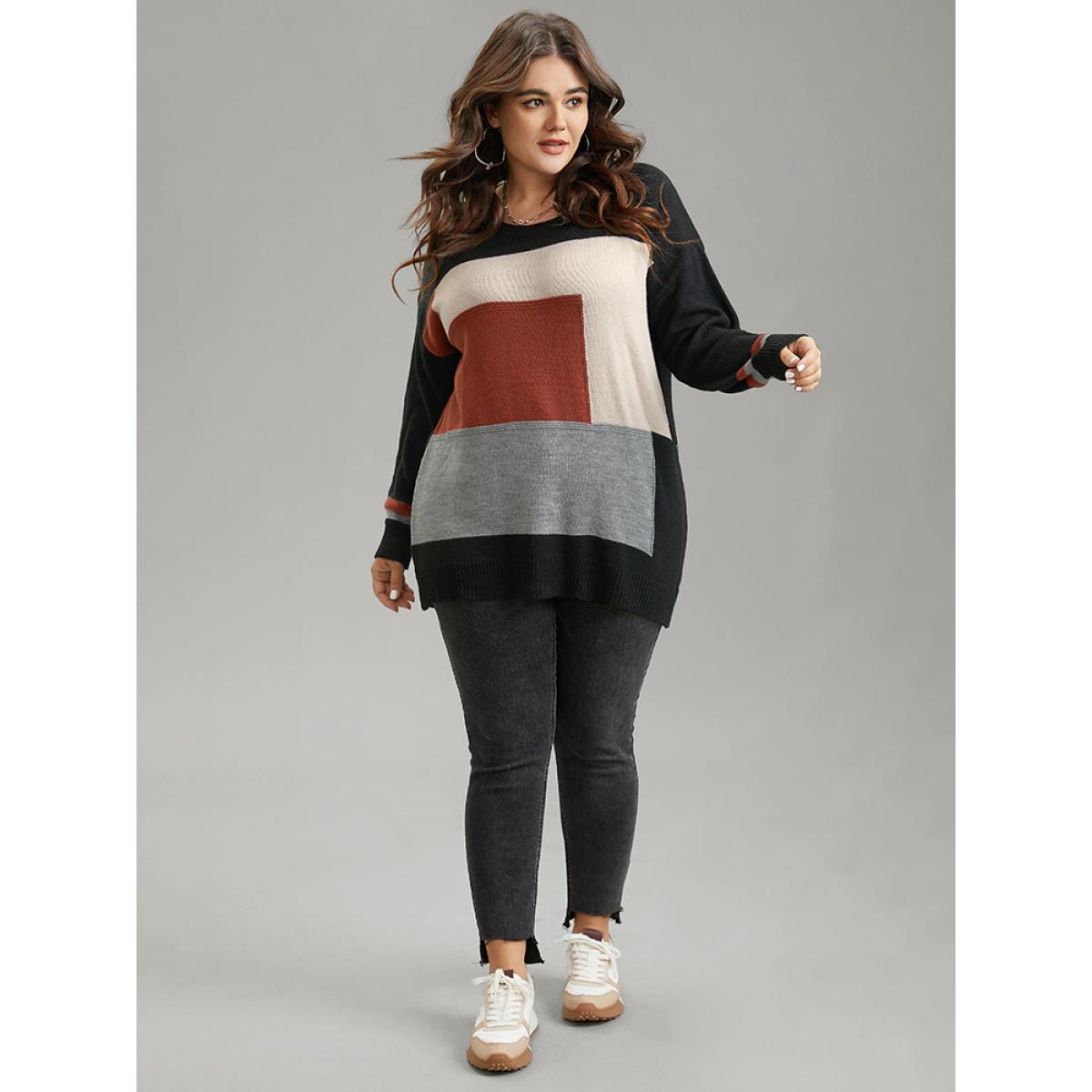 Plus Size Asymmetrical Colorblock Contrast Drop Shoulder Pullover Black Women Casual Loose Long Sleeve Round Neck Dailywear Pullovers BloomChic 28/5X Product Image