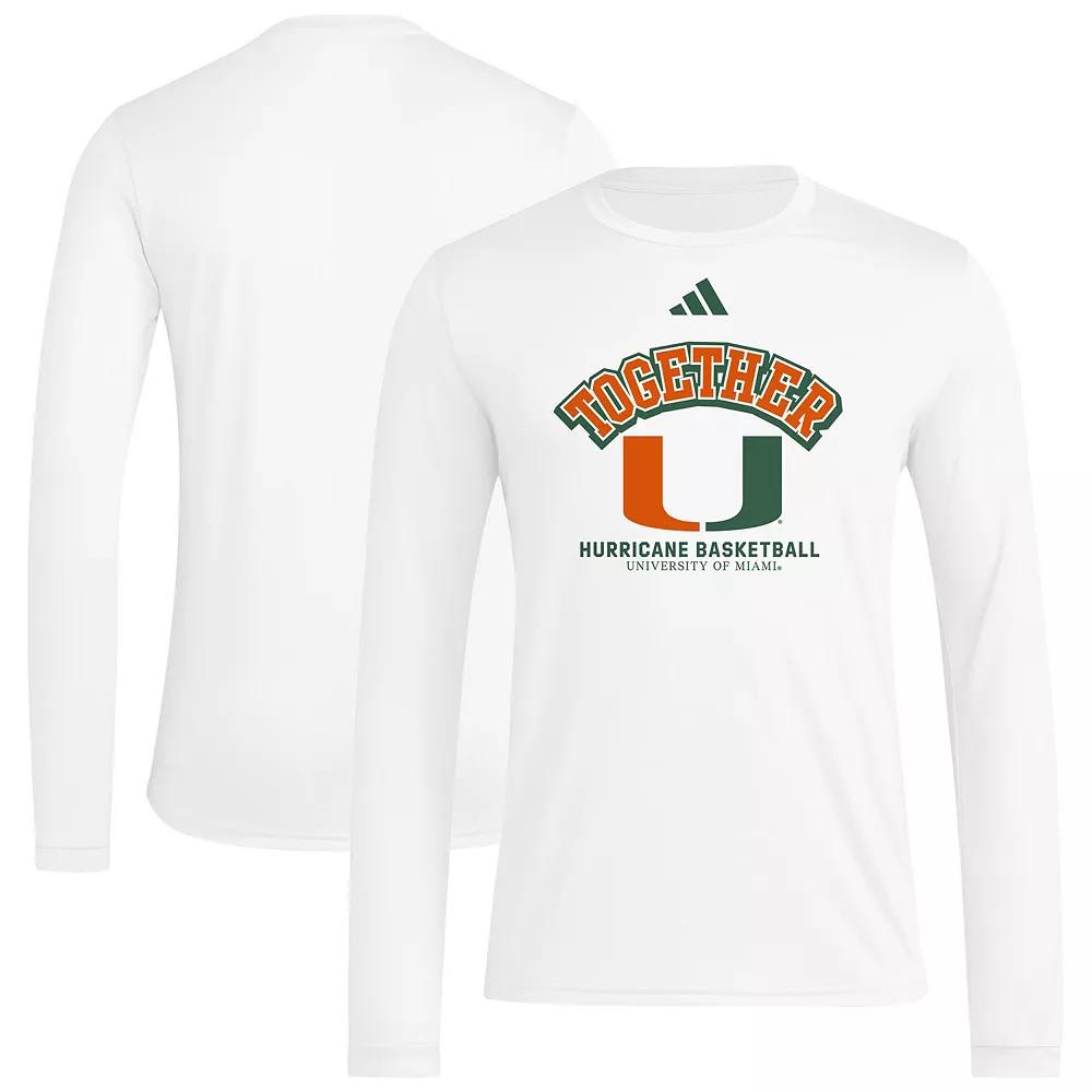 Men's adidas White Miami Hurricanes Together On-Court Pregame Long Sleeve T-Shirt, Size: Large Product Image