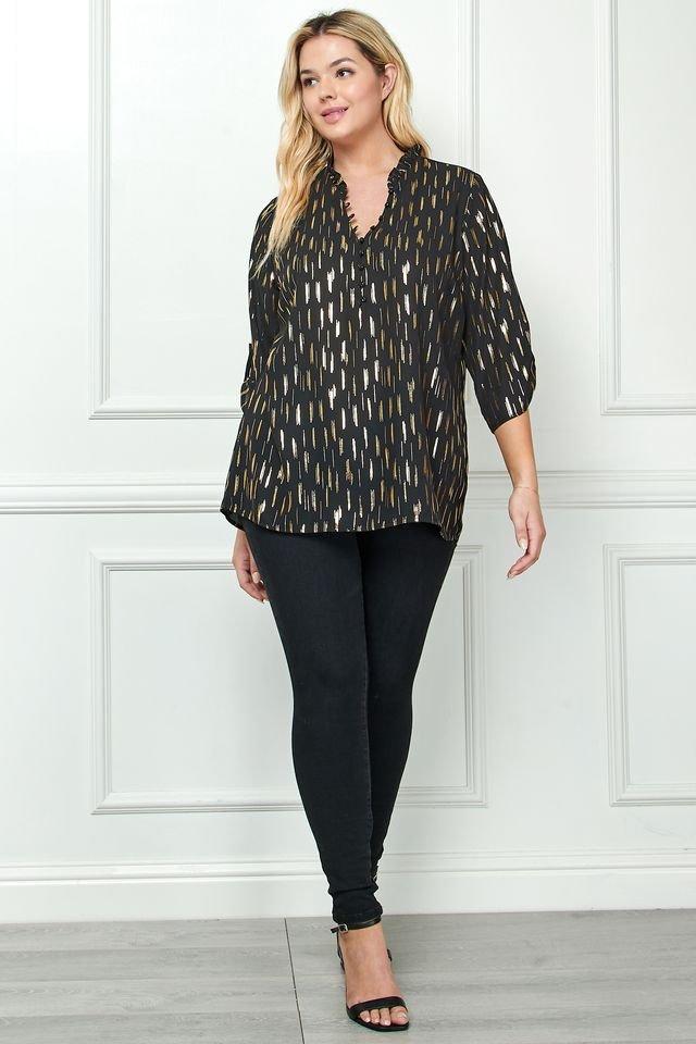 3/4 Tab Sleeve Ruffle Blouse with Covered Buttons and Neck Loops, Black & Gold - Plus Product Image
