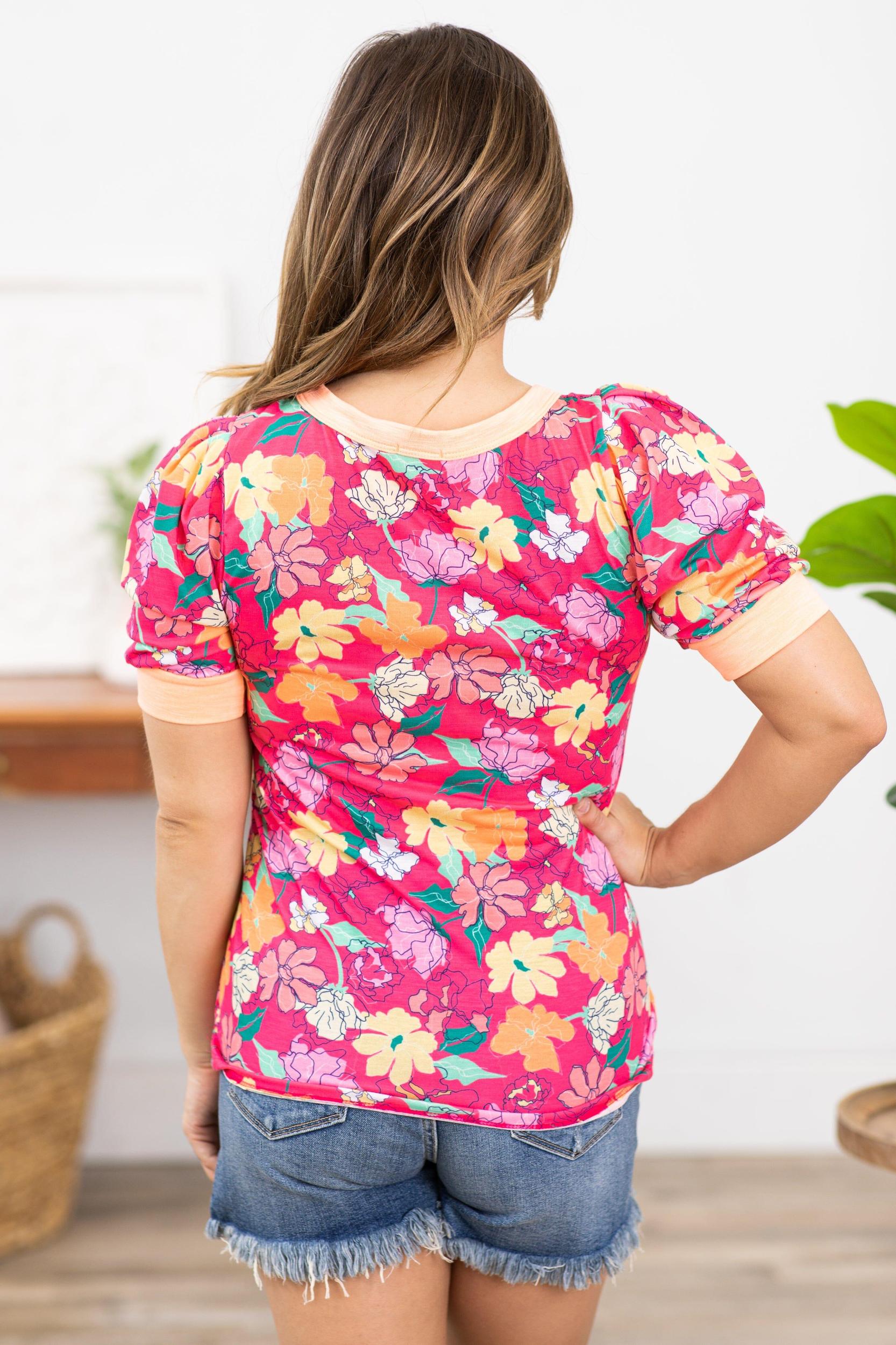 Pink Multicolor Floral Contrast Trim Top Product Image