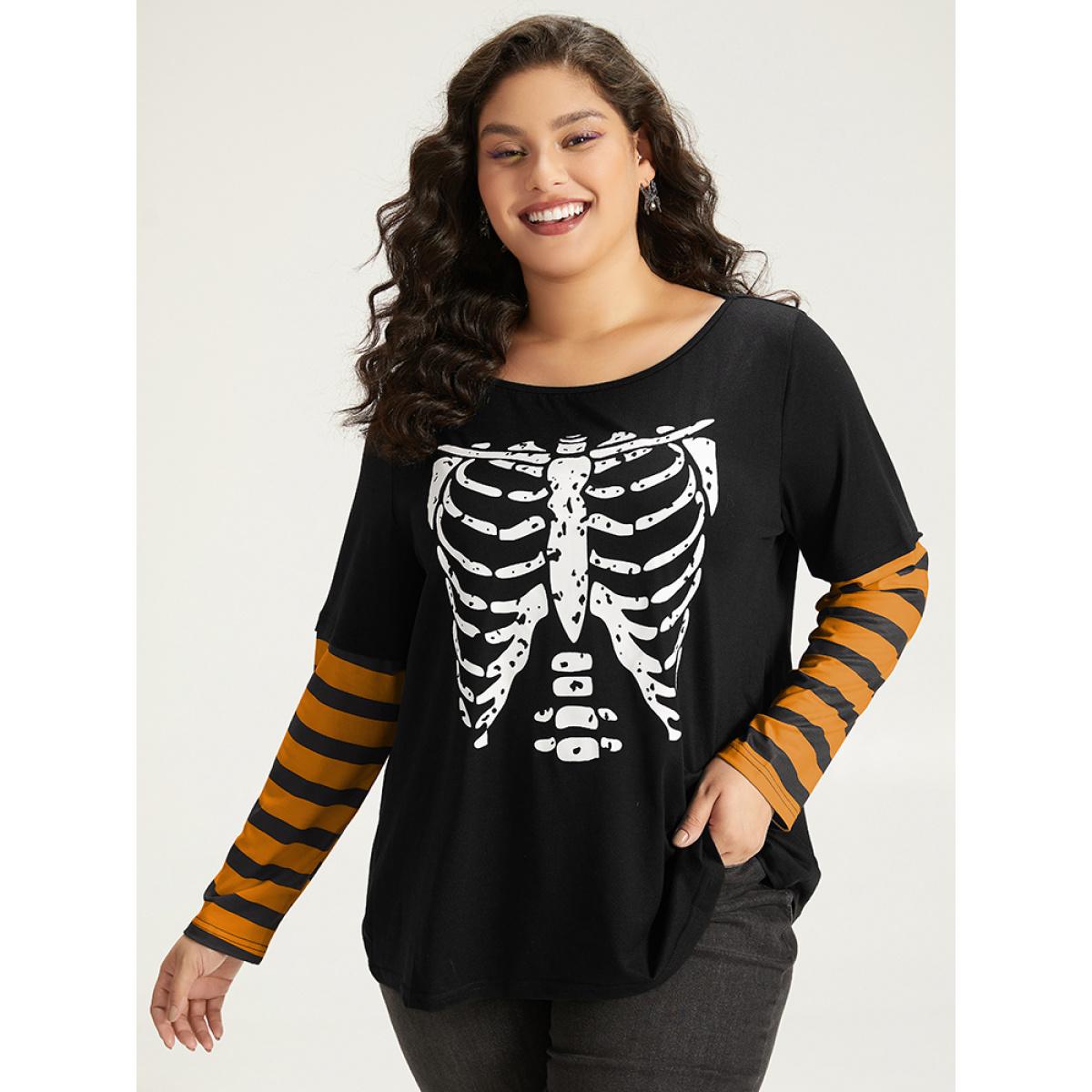 Plus Size Halloween Striped & Skull Print Patchwork T-shirt Orange Women Casual Printed Halloween Festival-Halloween T-shirts BloomChic 26/4X Product Image