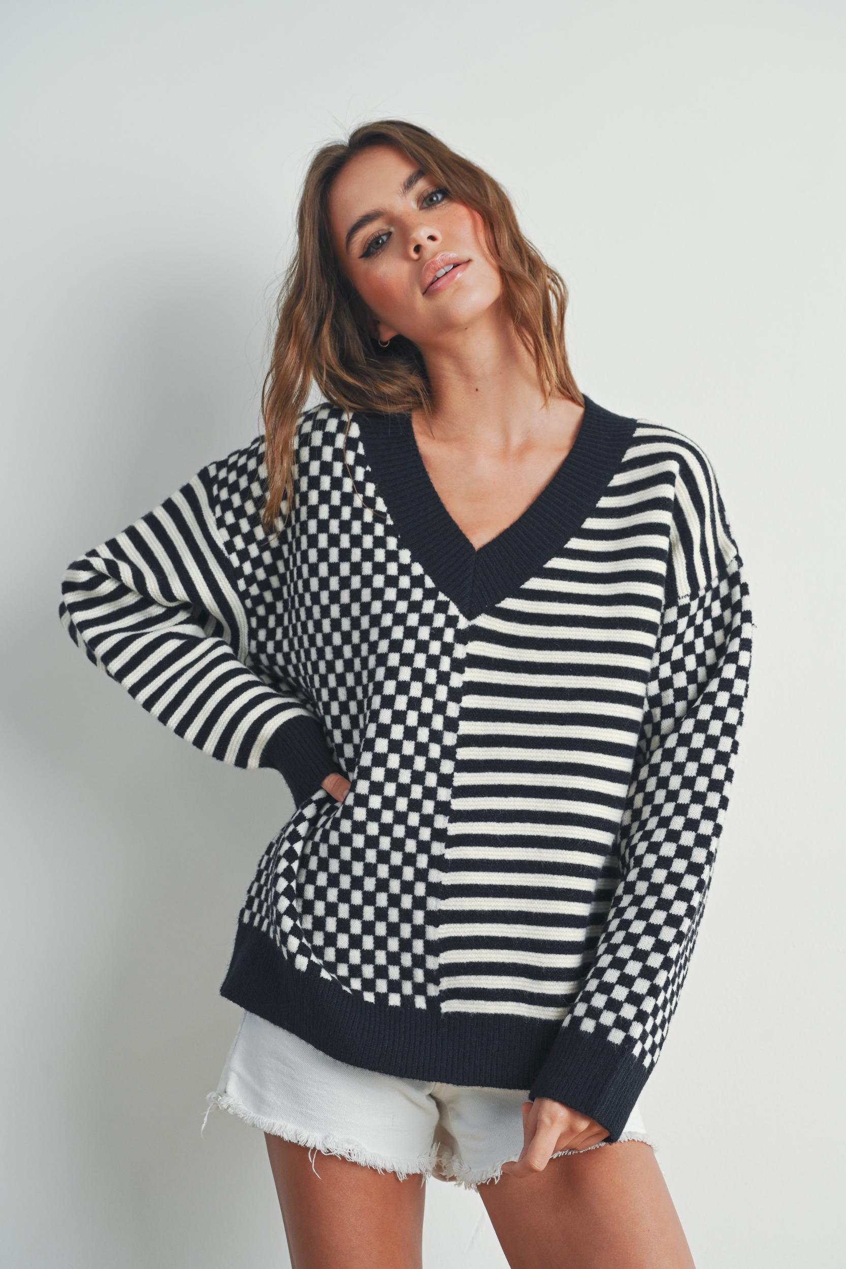 Checker V neck Cozy Sweater Product Image