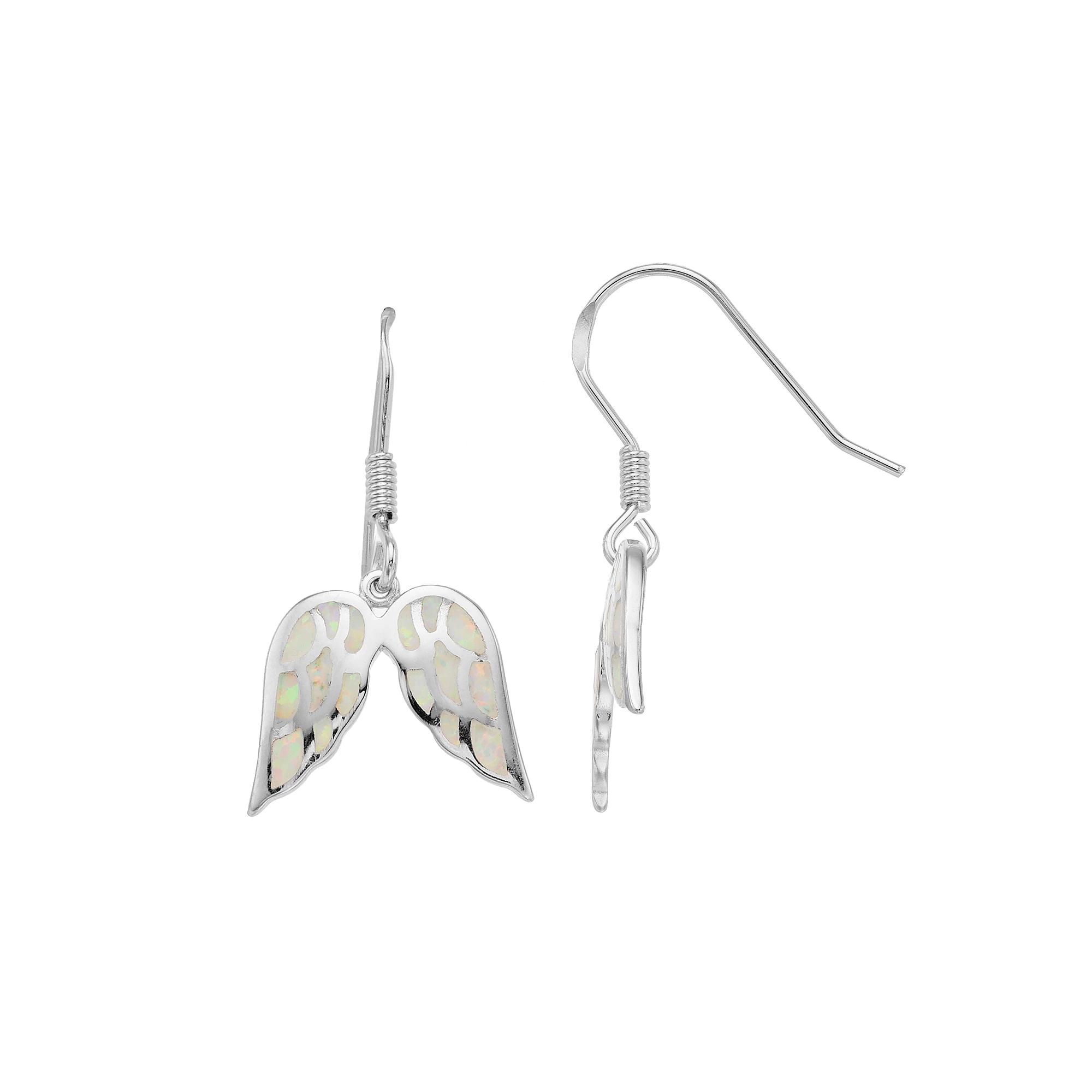 Sterling Silver Lab-Created White Opal Angel Wing Earrings, Women's Product Image