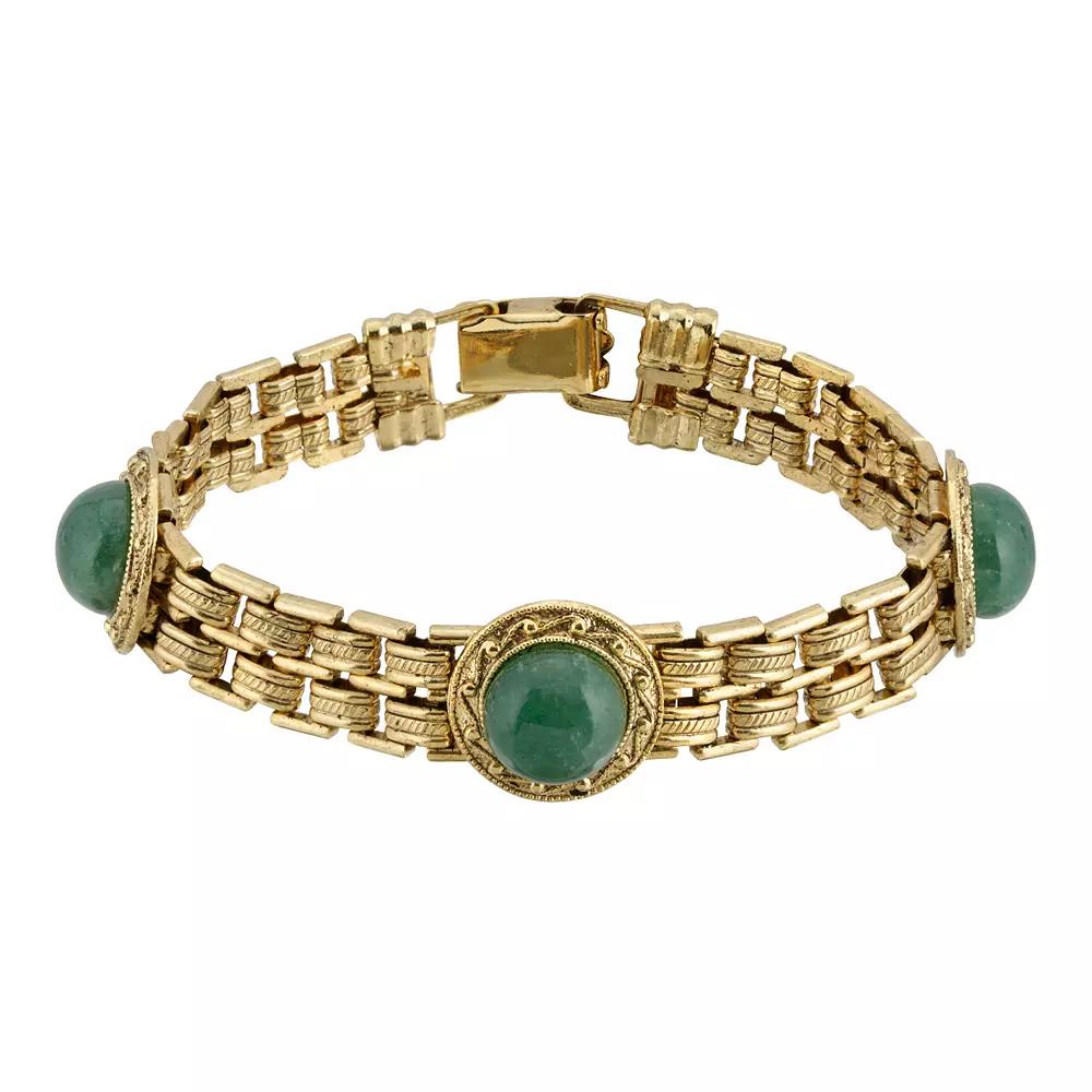 1928 Gold Tone Round Green Adventurine Link Bracelet, Womens Product Image