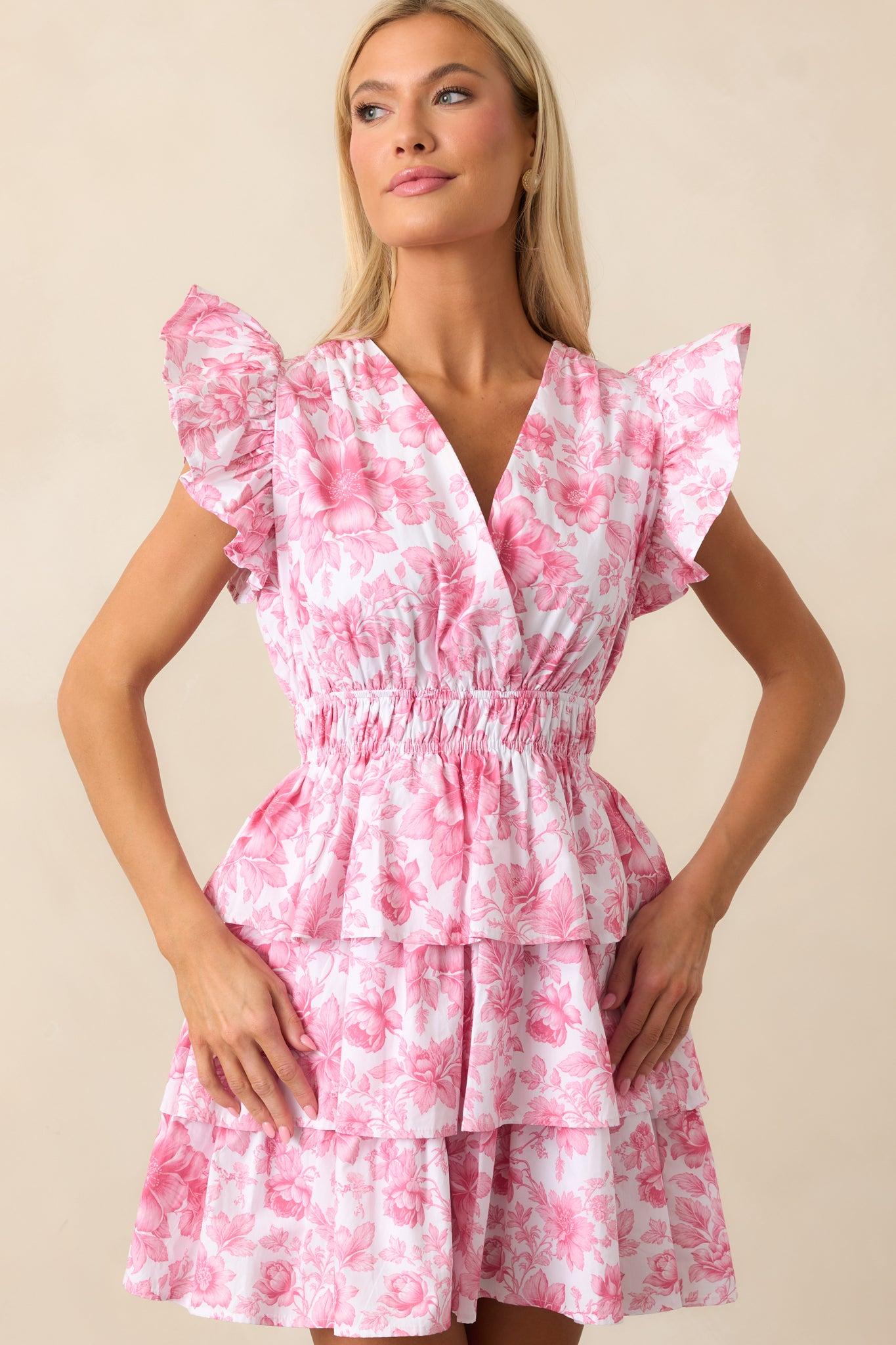 Bridget La France Dianthus Pink Floral Cotton Ruffle Mini Dress Product Image