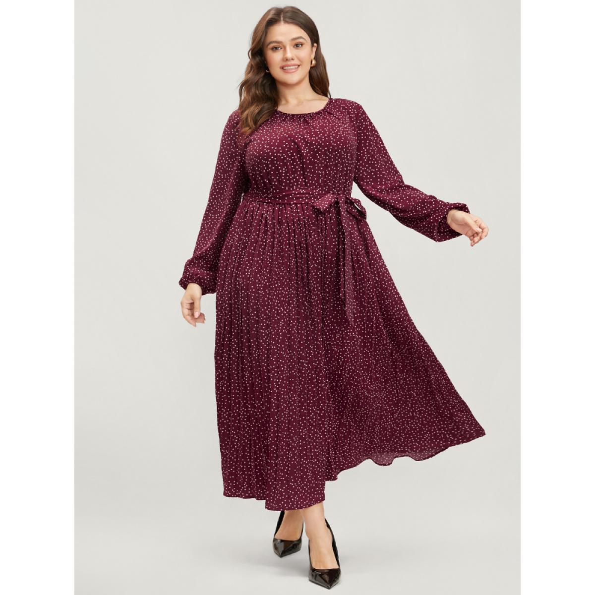 Plus Size Polka Dot Lantern Sleeve Pocket Belted Pleated Dress Purple Women Elegant Gathered Round Neck Long Sleeve Curvy Long Dress BloomChic 14-16/1X Product Image