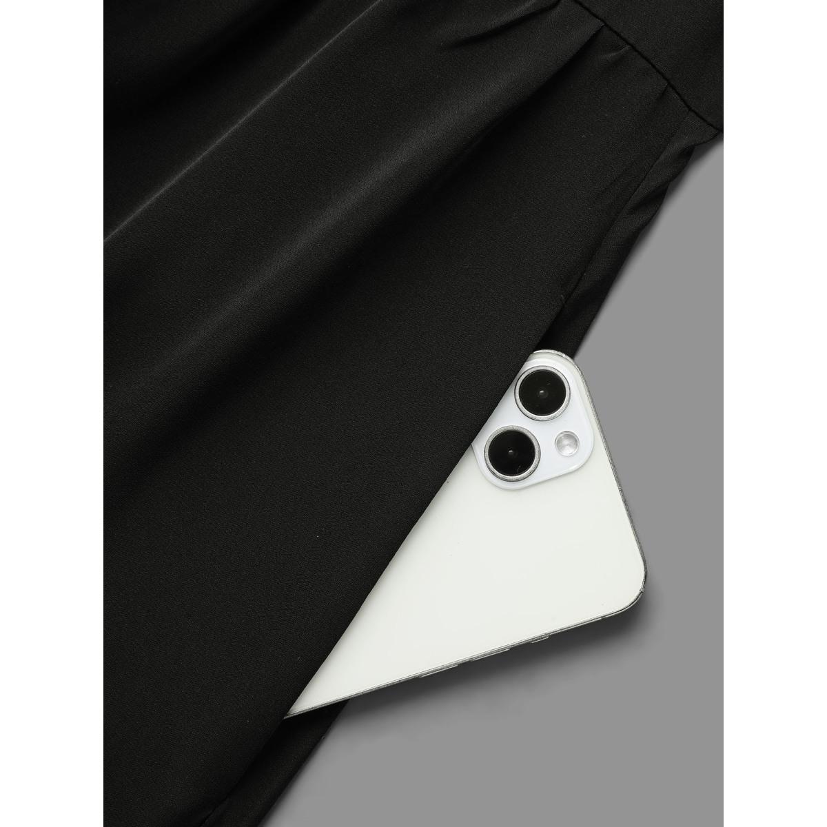 Plus Size Color Contrast Tiered Skirt Pocket Midi Dress Black Women At the Office Contrast Round Neck Elbow-length sleeve Curvy BloomChic 12/L Product Image