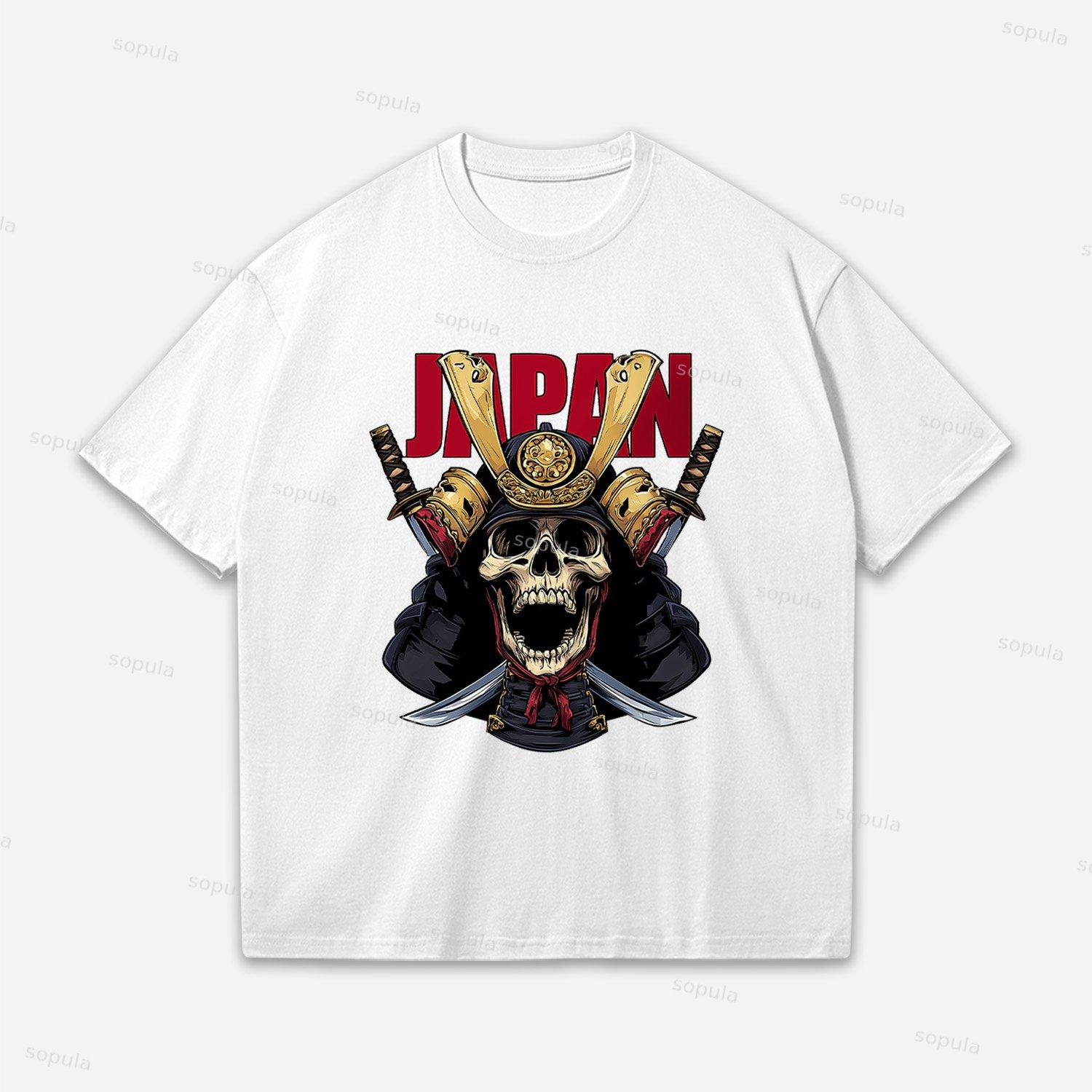 Japan Samurai Helmet Skull Oversized Cotton T-shirt Product Image