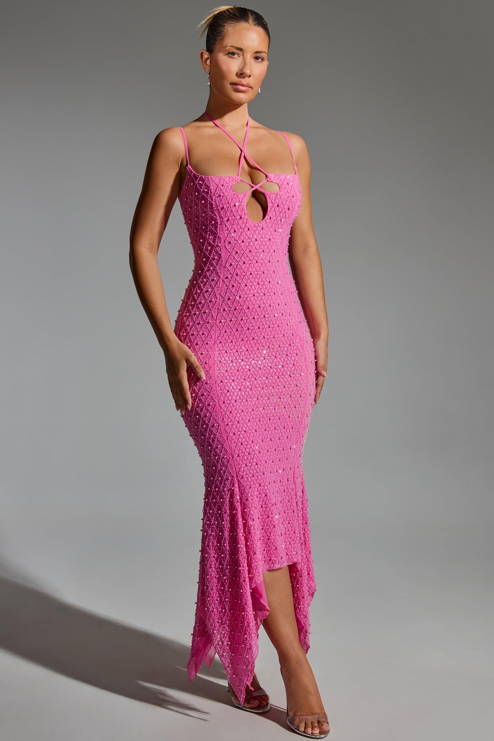 Embellished Cut-Out Asymmetric Midaxi Dress in Hot Pink Product Image