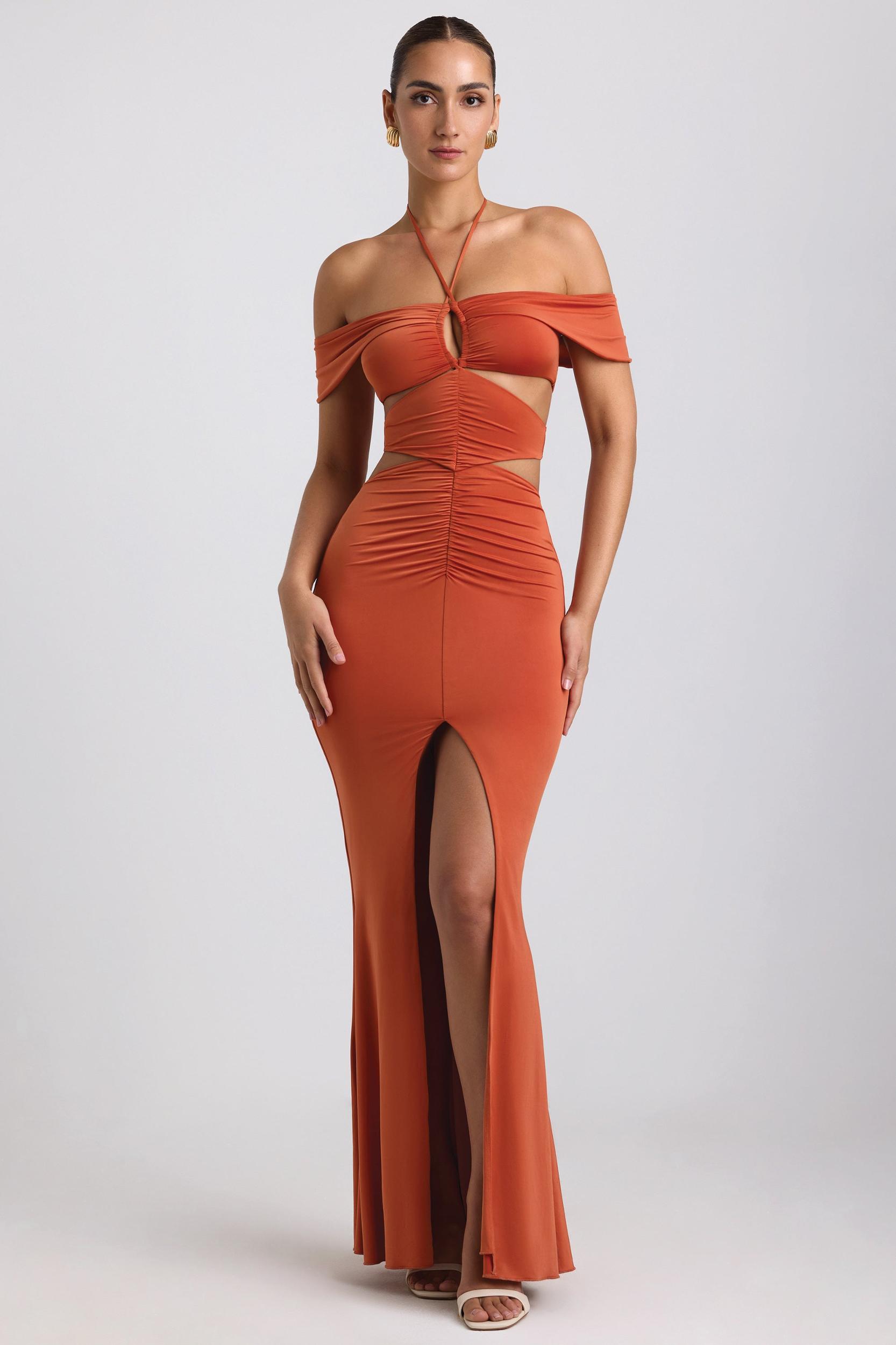 Slinky Jersey Cut-Out Halterneck Gown in Burnt Orange Product Image