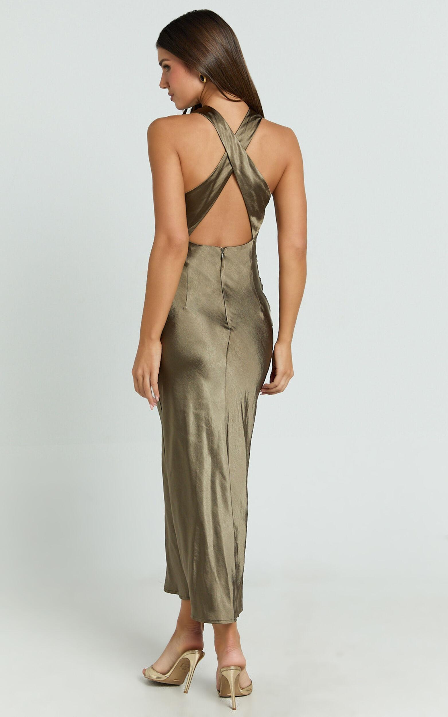 Aluna Midi Dress - High Neck Cross Back Satin Slip Dress in Olive Product Image