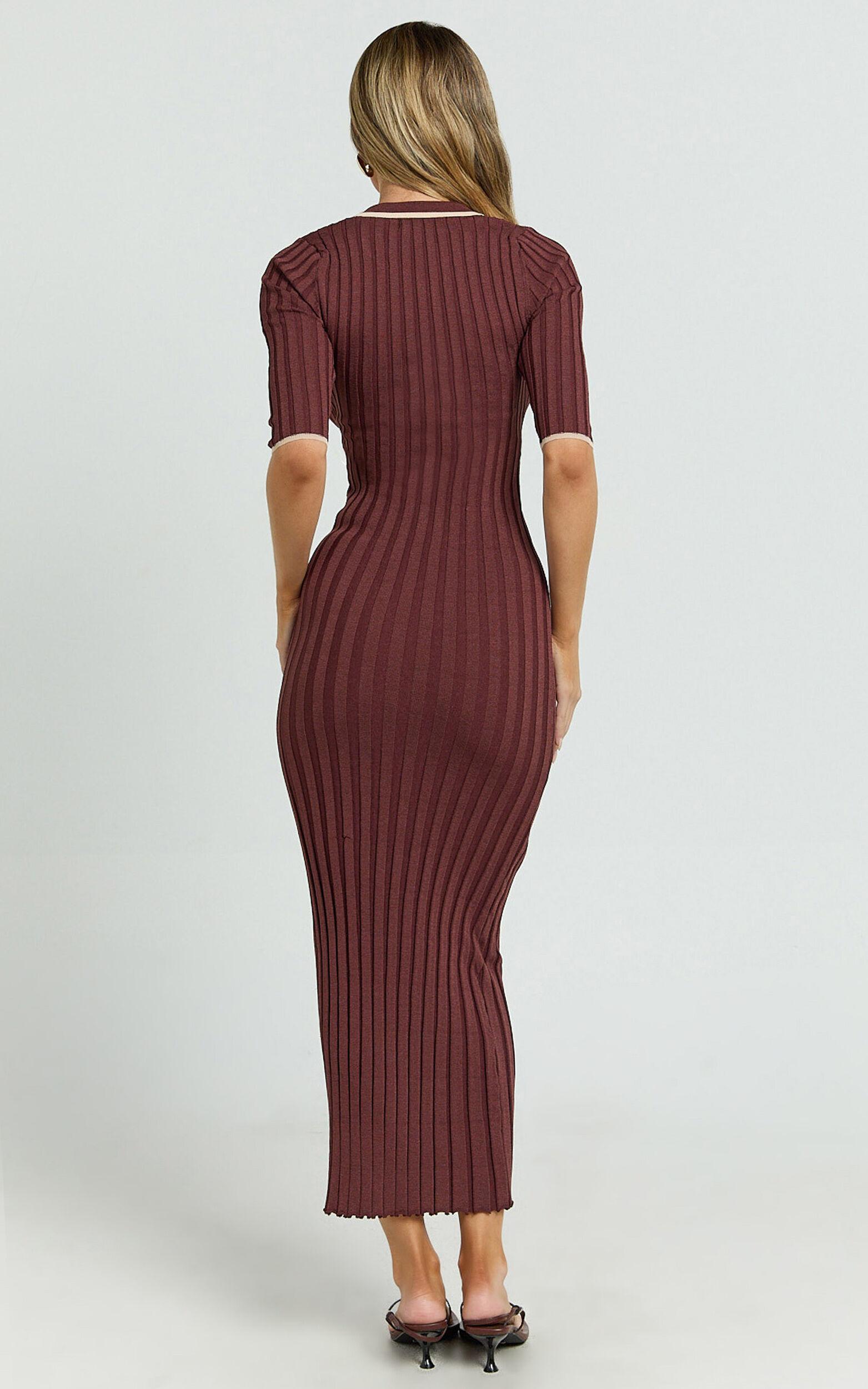 Lada Midi Dress - Short Sleeve Button Front Knit Dress in Chocolate Product Image