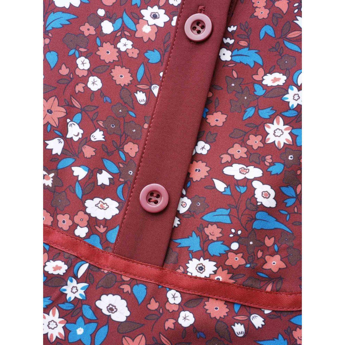 Plus Size Ditsy Floral Woven Ribbon Button Up Dress Burgundy Women Casual Woven ribbon&lace trim Shirt collar Extra Long Sleeve Curvy BloomChic 28/5X Product Image