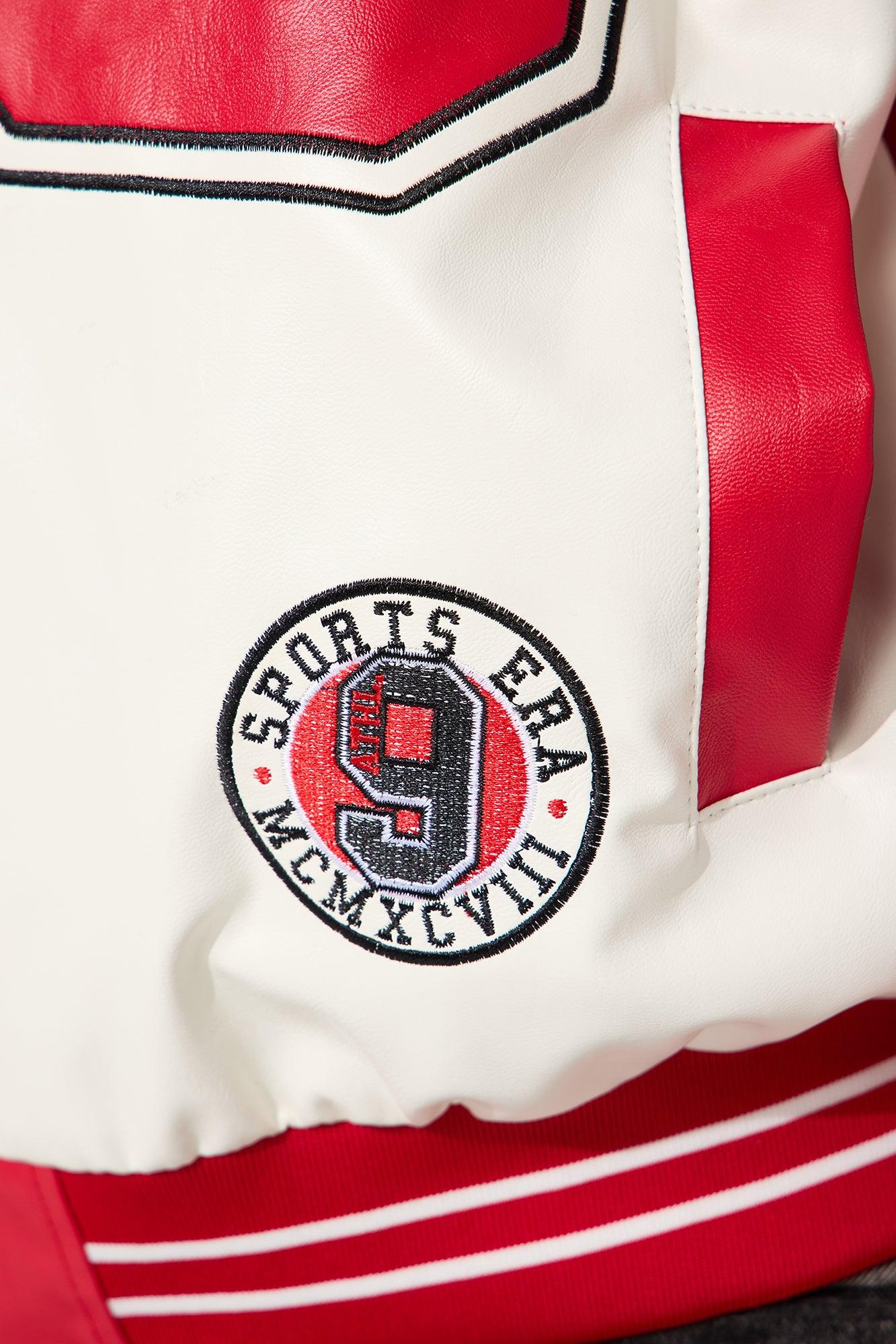 Game Day Leather Bomber Jacket - Red/combo Female Product Image