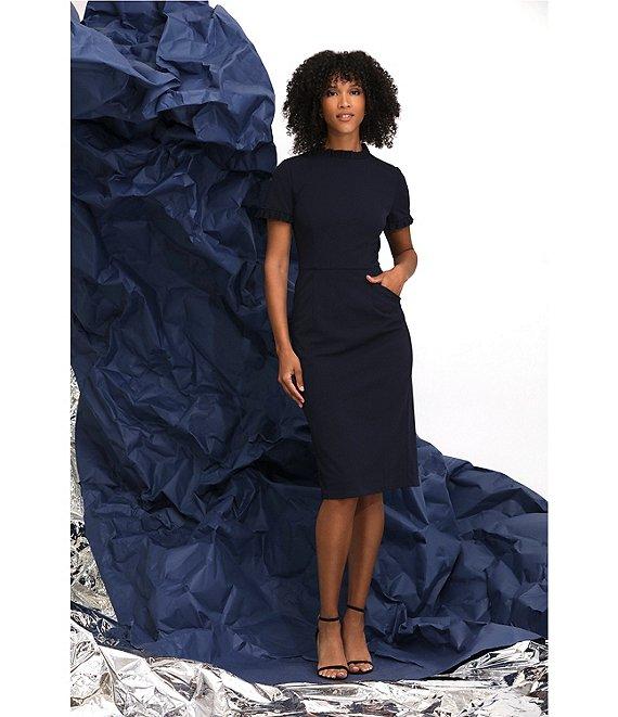 Maggy London Ruffle Mock Neck Short Sleeve Stretch Crepe Midi Pencil Sheath Dress Product Image