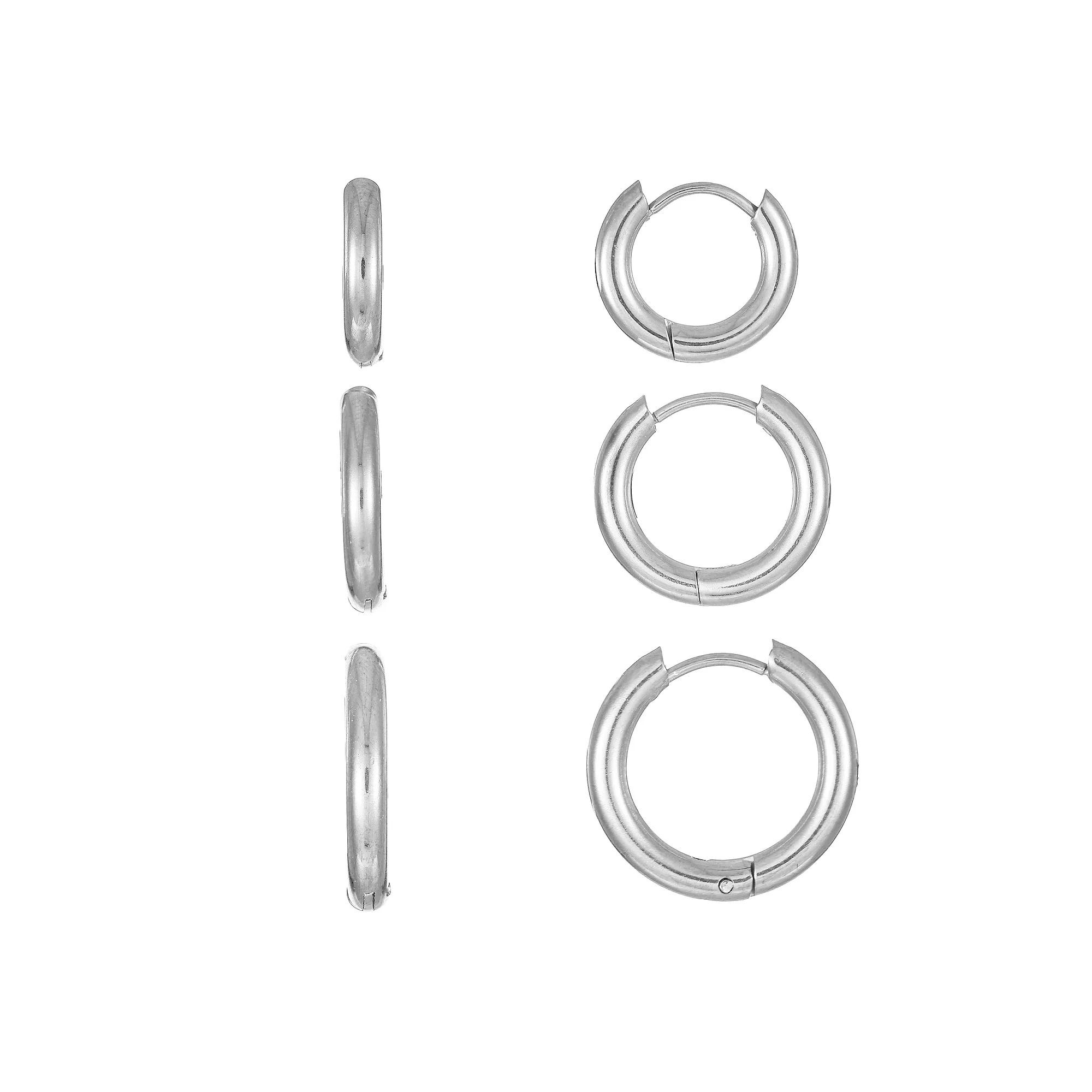 City Luxe Stainless Steel 3-Pair Hoop Earring Set, Women's, Silver Tone Product Image