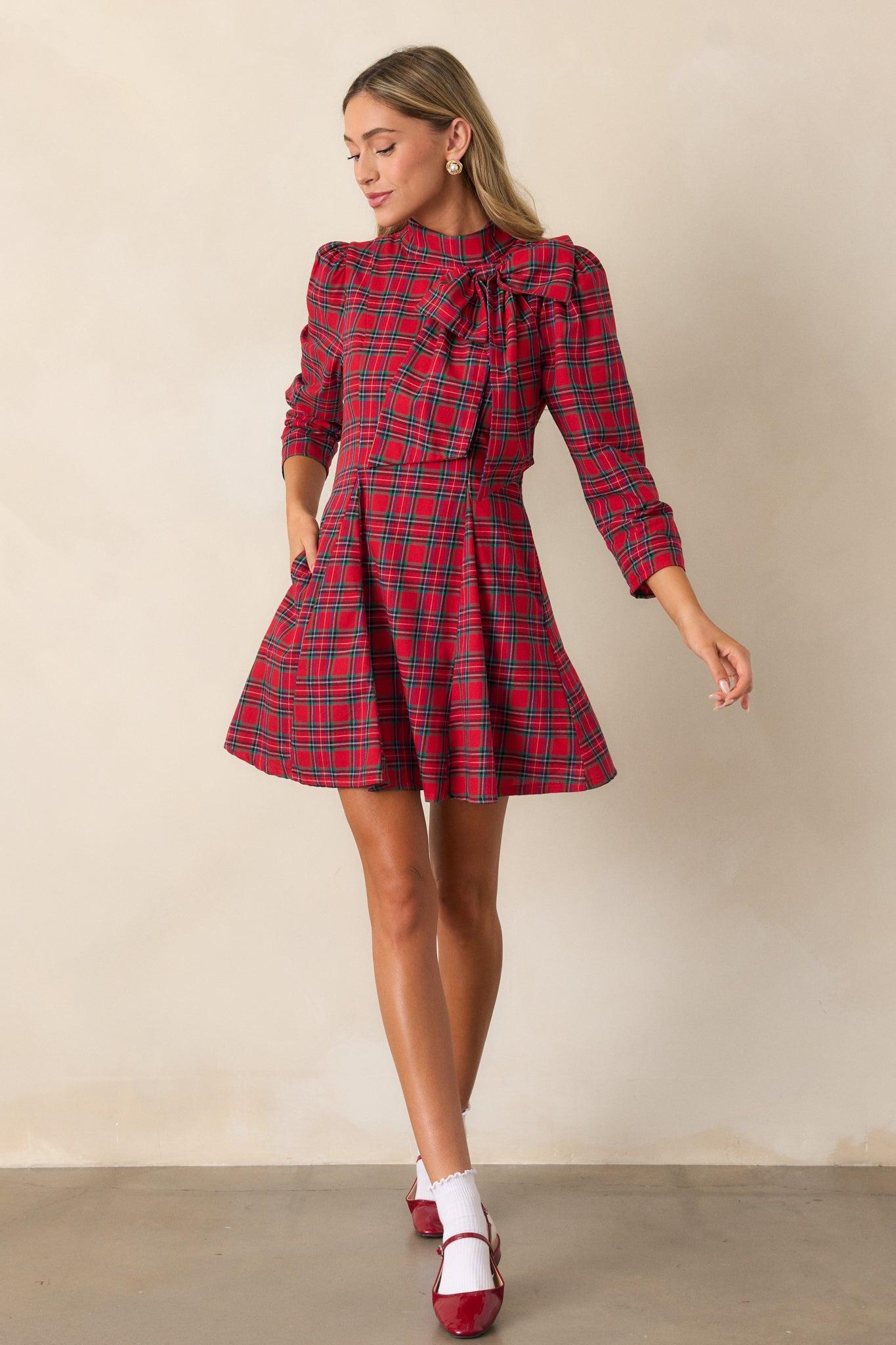 A Perfect Balance Cotton Red Plaid Bow Mini Dress Product Image
